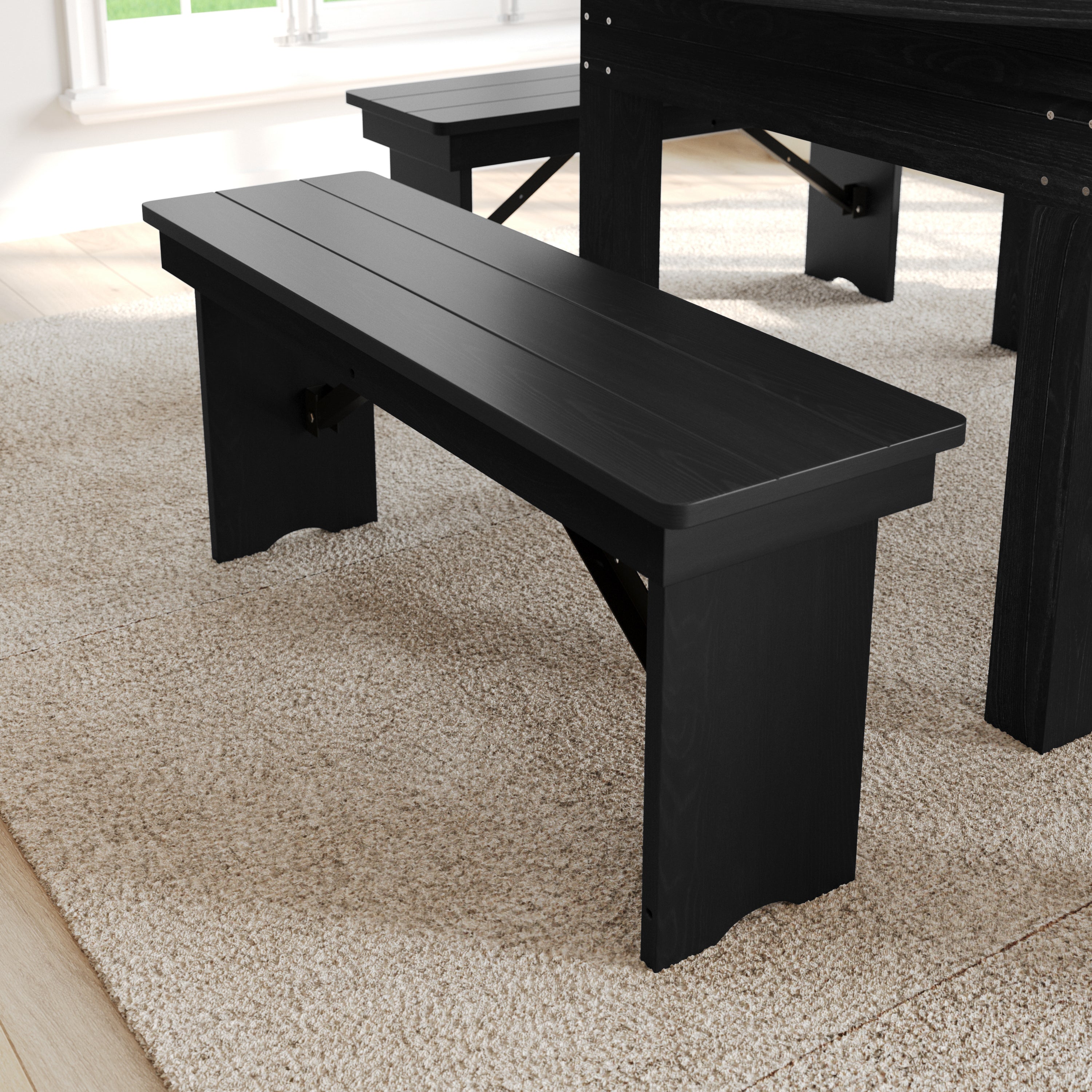 HERCULES 40" x 12" Black Wash Commercial Antique Solid Pine Farmhouse Folding Bench with Foldable Locking Legs