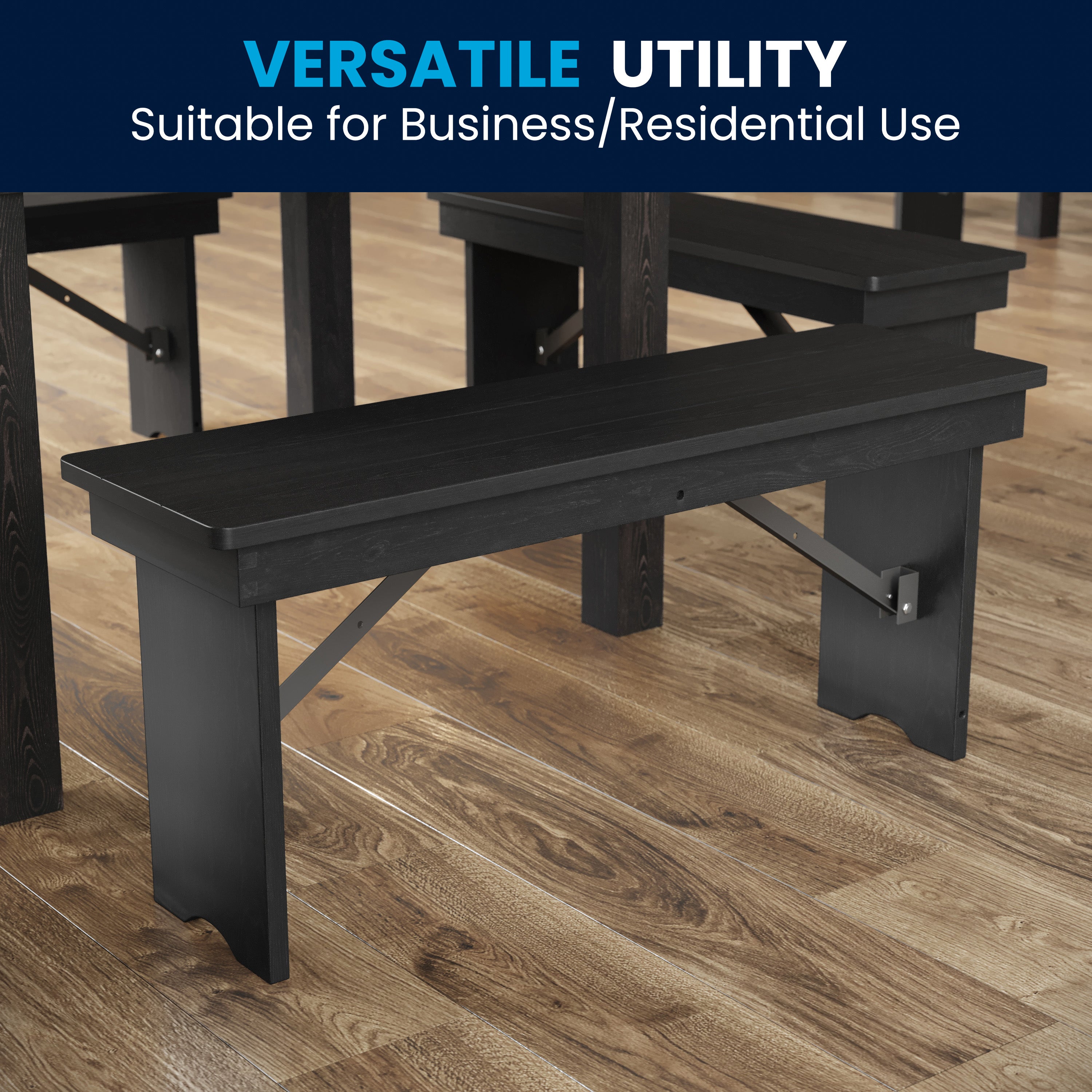 HERCULES 40" x 12" Black Wash Commercial Antique Solid Pine Farmhouse Folding Bench with Foldable Locking Legs