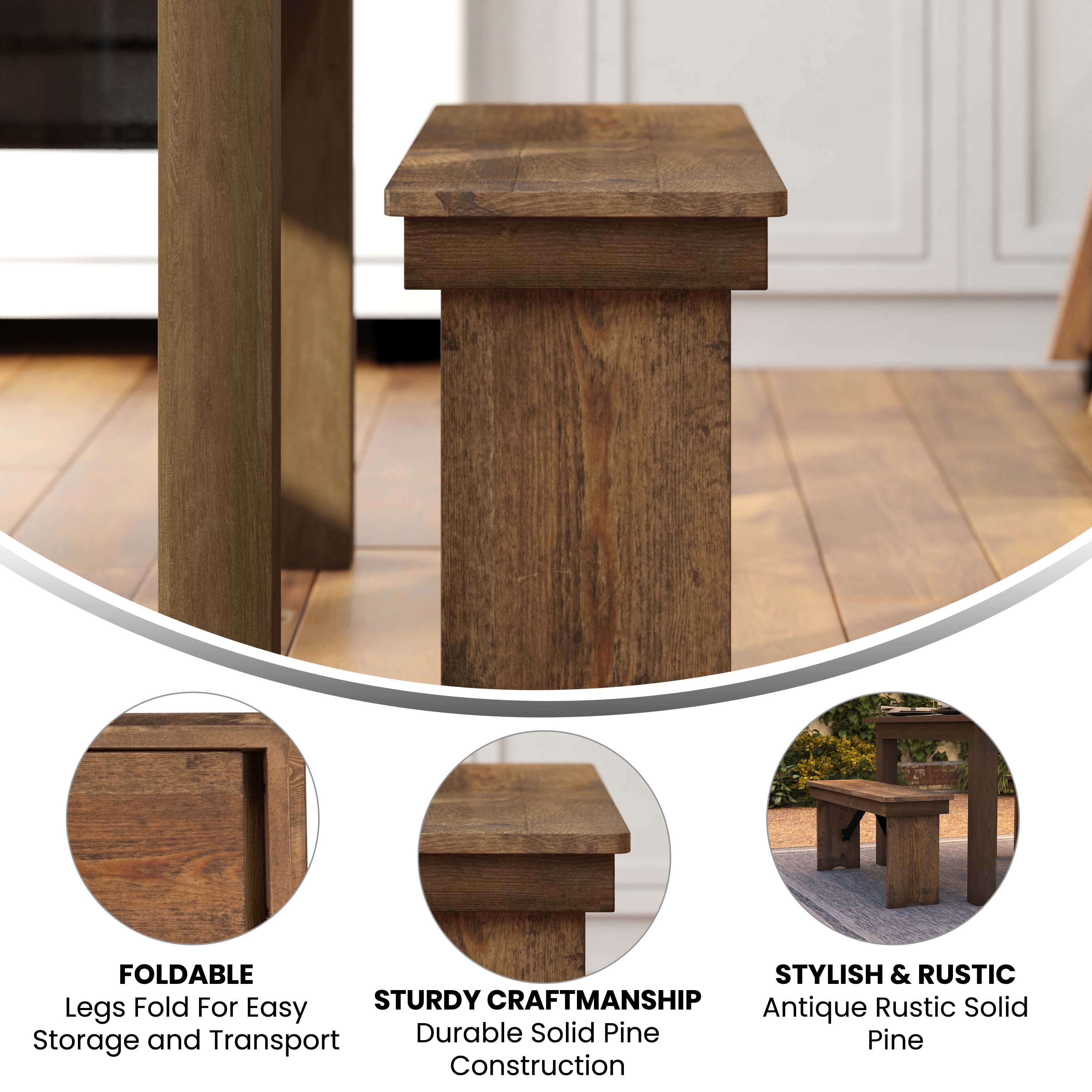 HERCULES Series 40'' x 12'' Antique Rustic Solid Pine Folding Farm Bench