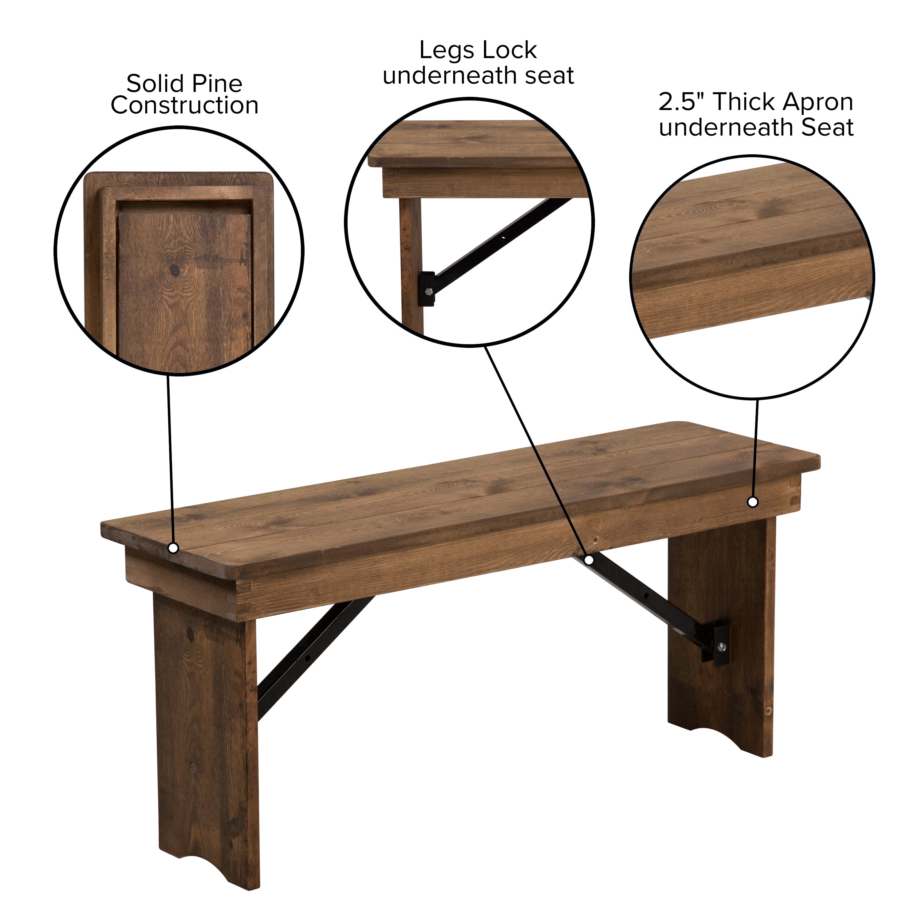 HERCULES Series 40'' x 12'' Antique Rustic Solid Pine Folding Farm Bench