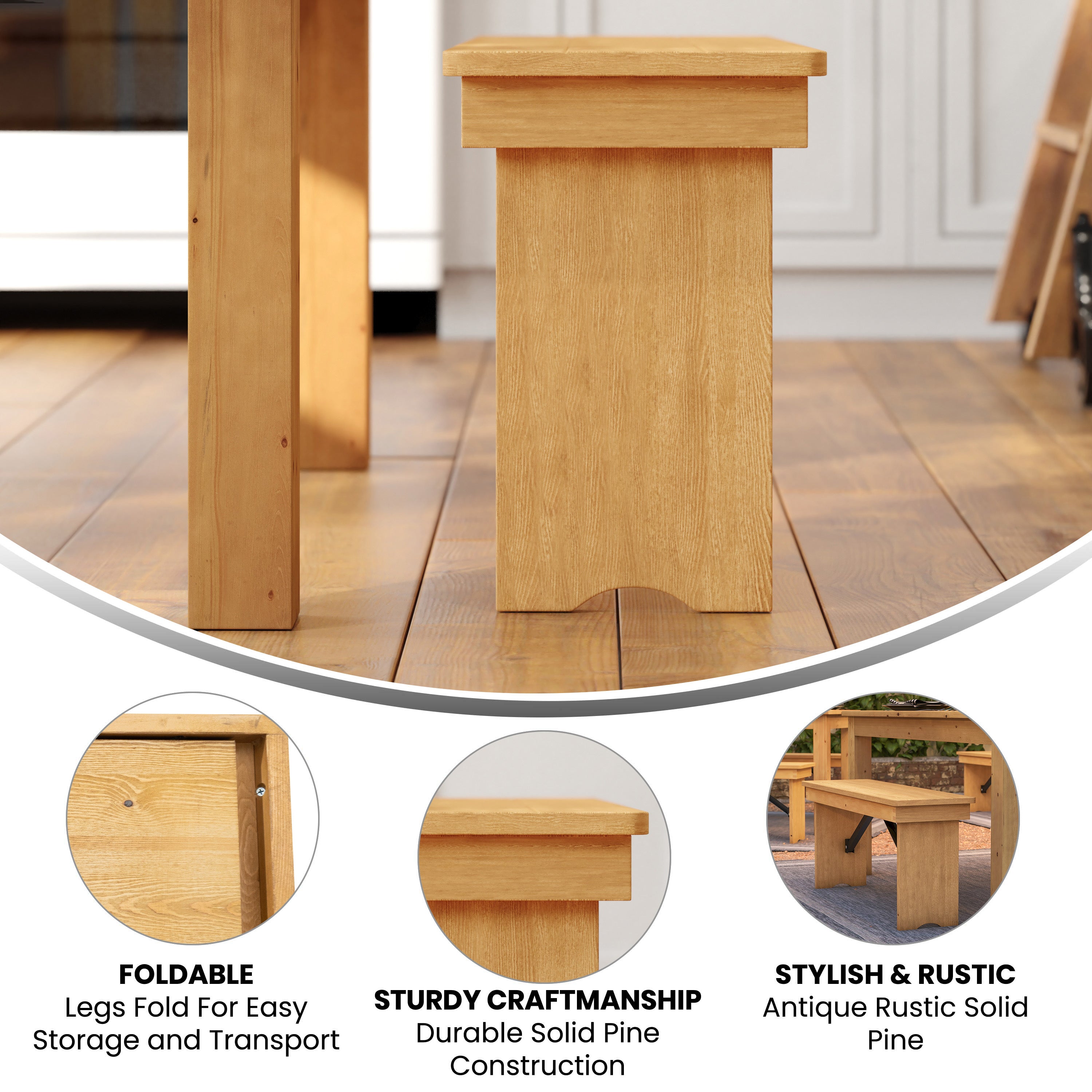 HERCULES 40'' x 12'' Light Natural Solid Pine Folding Farm Bench