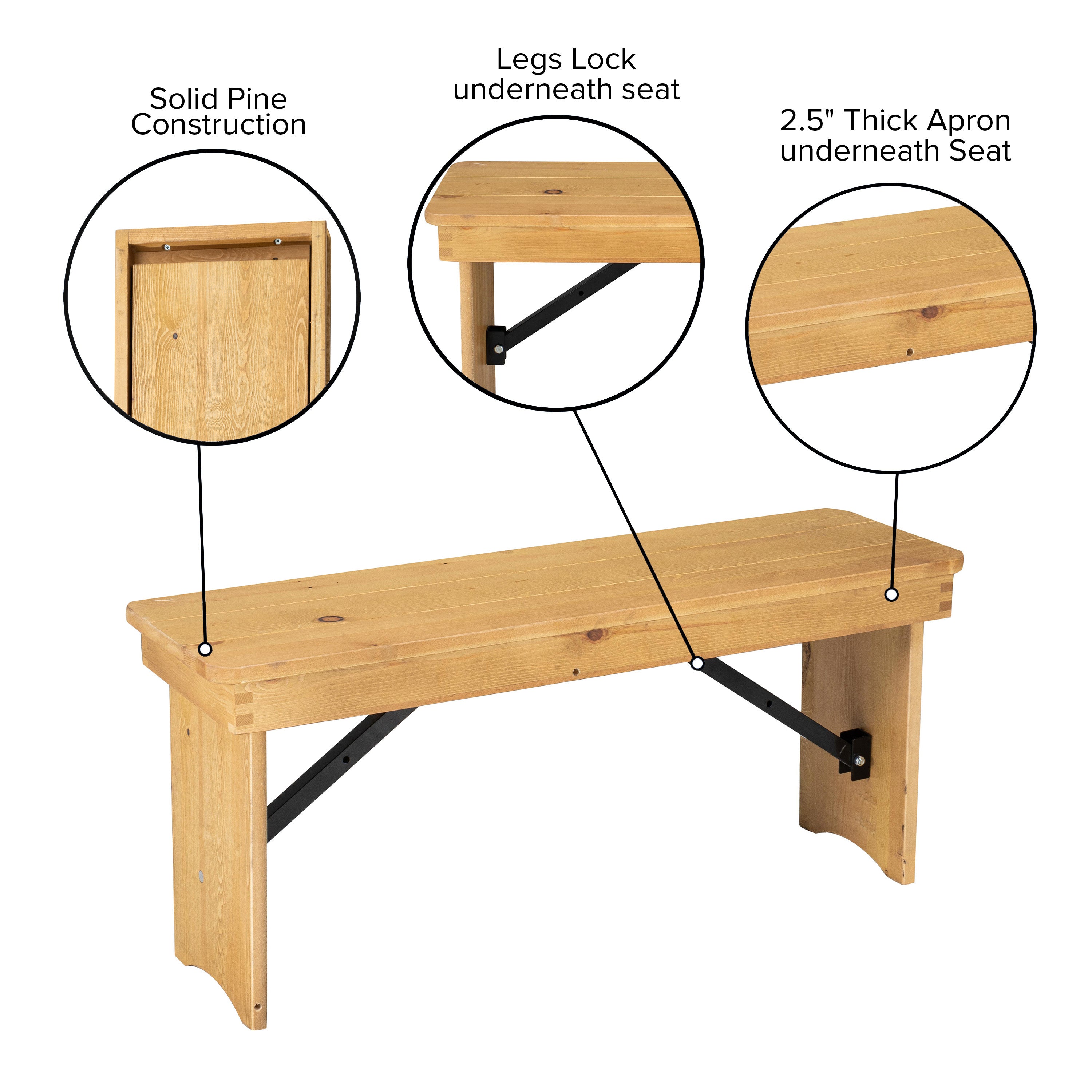 HERCULES 40'' x 12'' Light Natural Solid Pine Folding Farm Bench