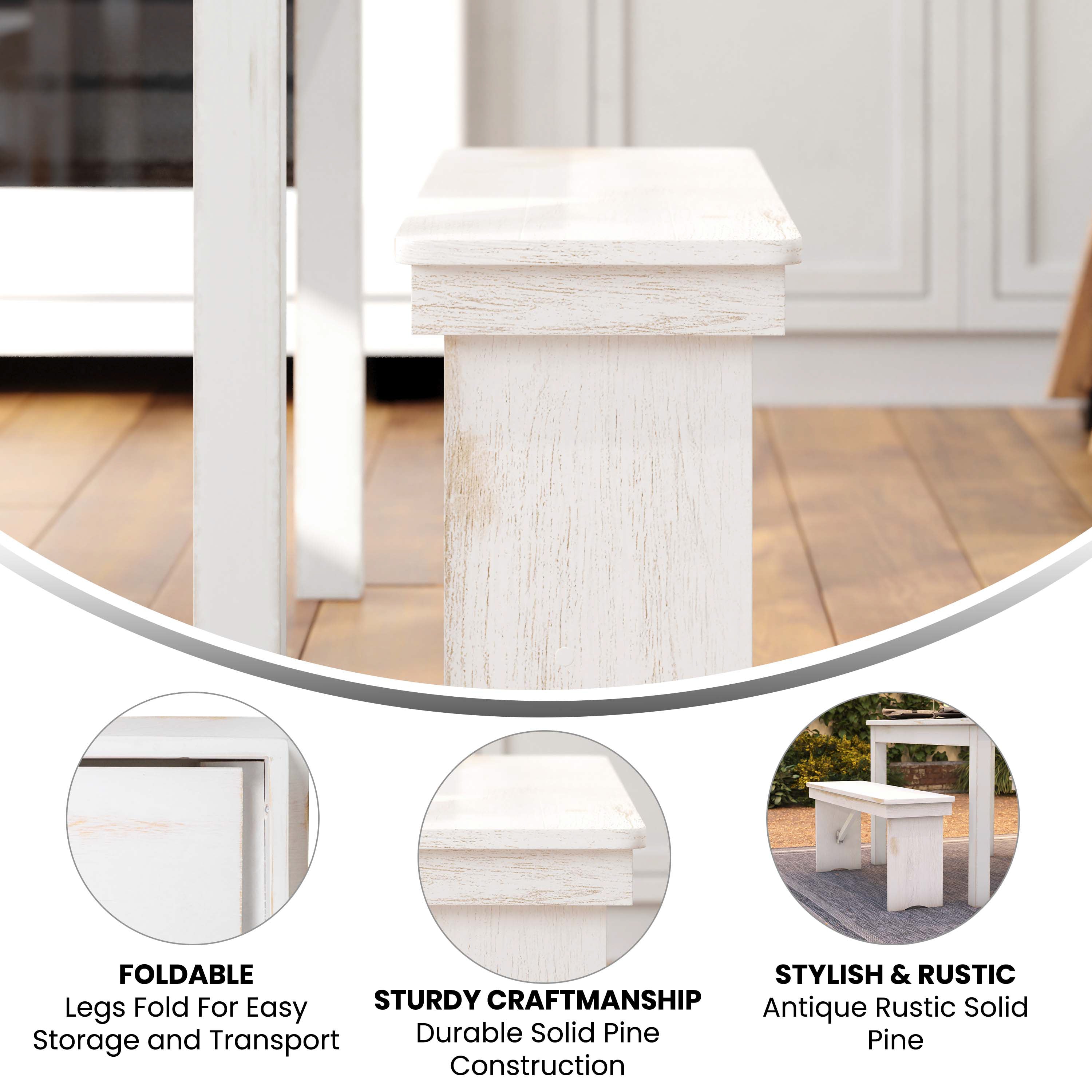 HERCULES Series 40" x 12" Antique Rustic White Solid Pine Folding Farm Bench