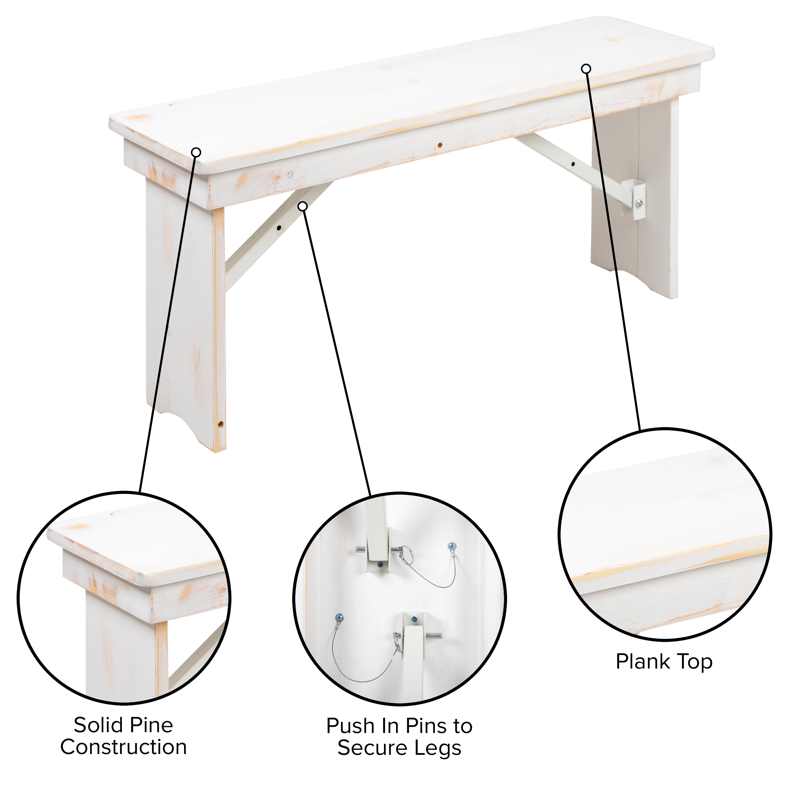 HERCULES Series 40" x 12" Antique Rustic White Solid Pine Folding Farm Bench