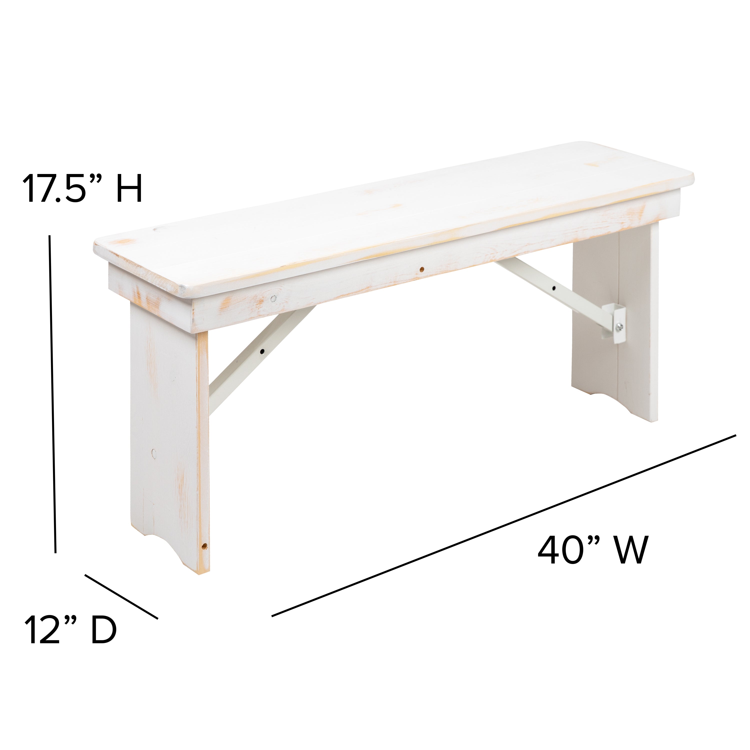 HERCULES Series 40" x 12" Antique Rustic White Solid Pine Folding Farm Bench