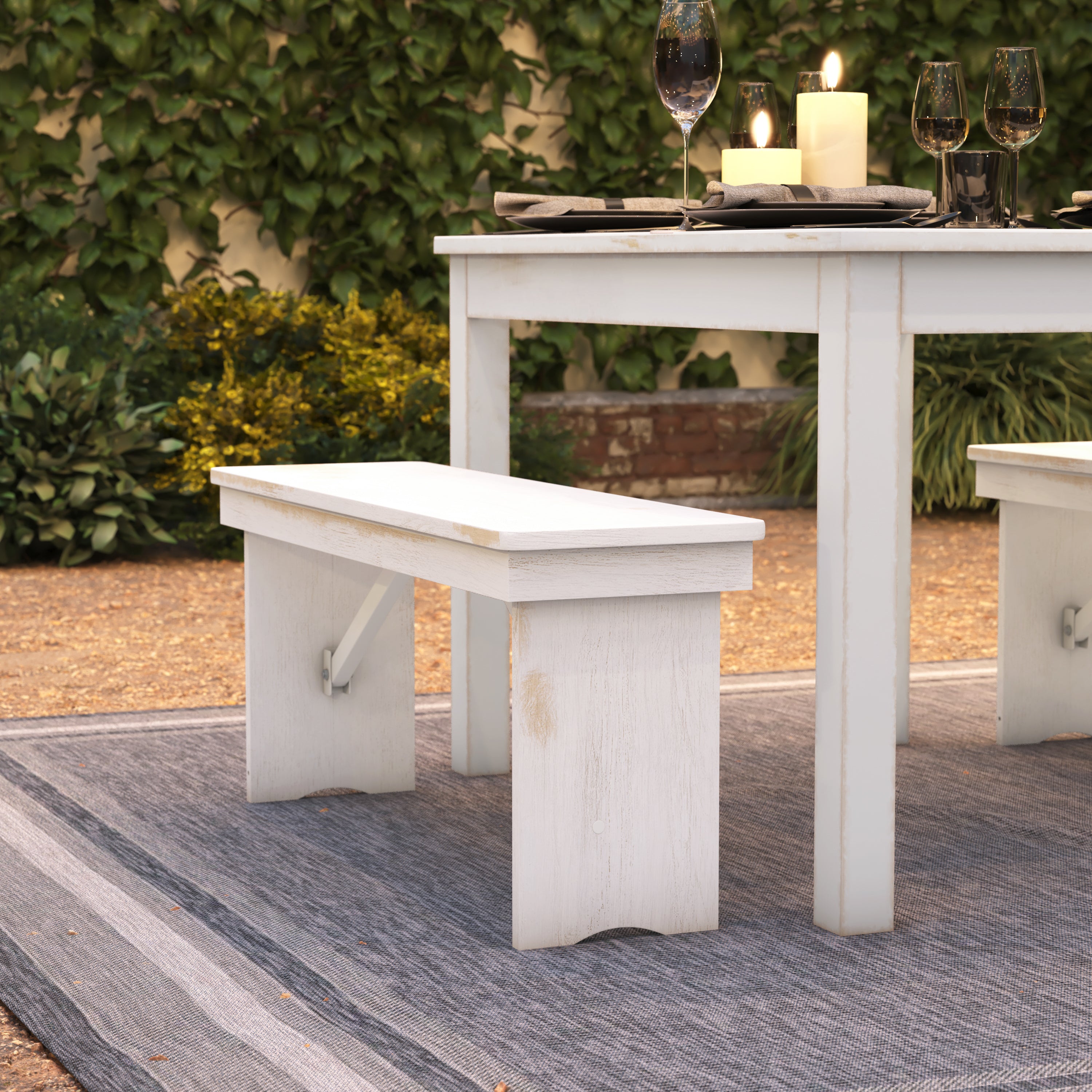 HERCULES Series 40" x 12" Antique Rustic White Solid Pine Folding Farm Bench