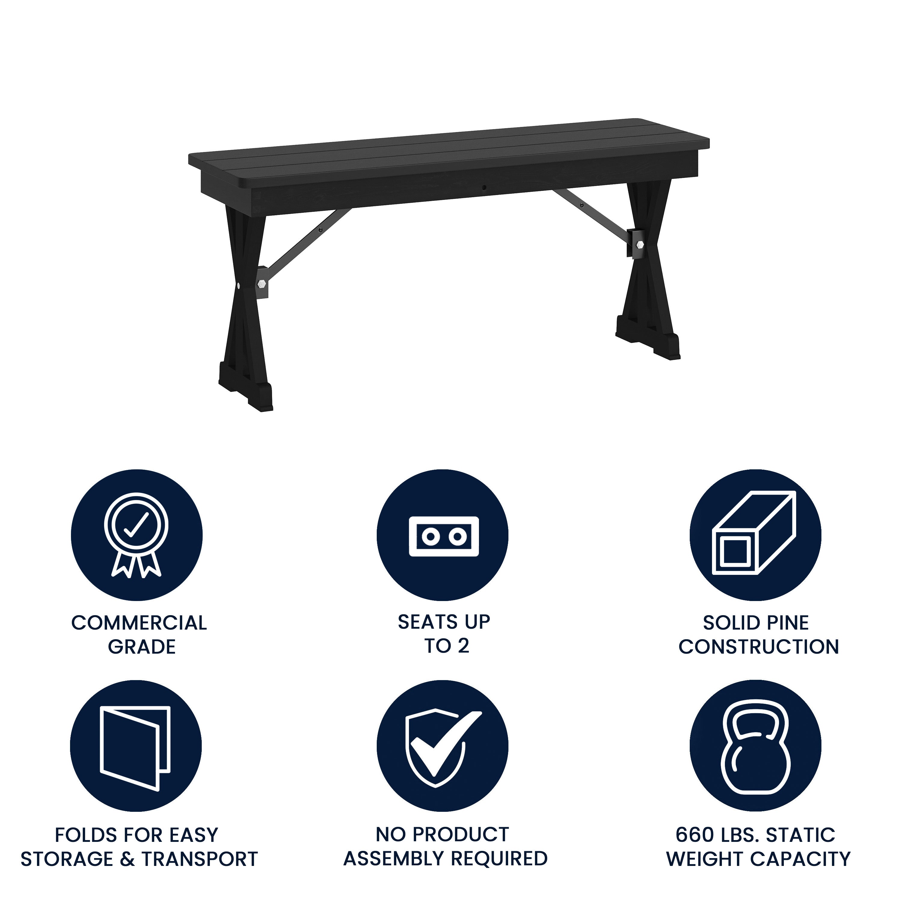 HERCULES 40" x 12" Black Wash Commercial Antique Solid Pine Farmhouse Folding Bench with Foldable Locking X-Legs