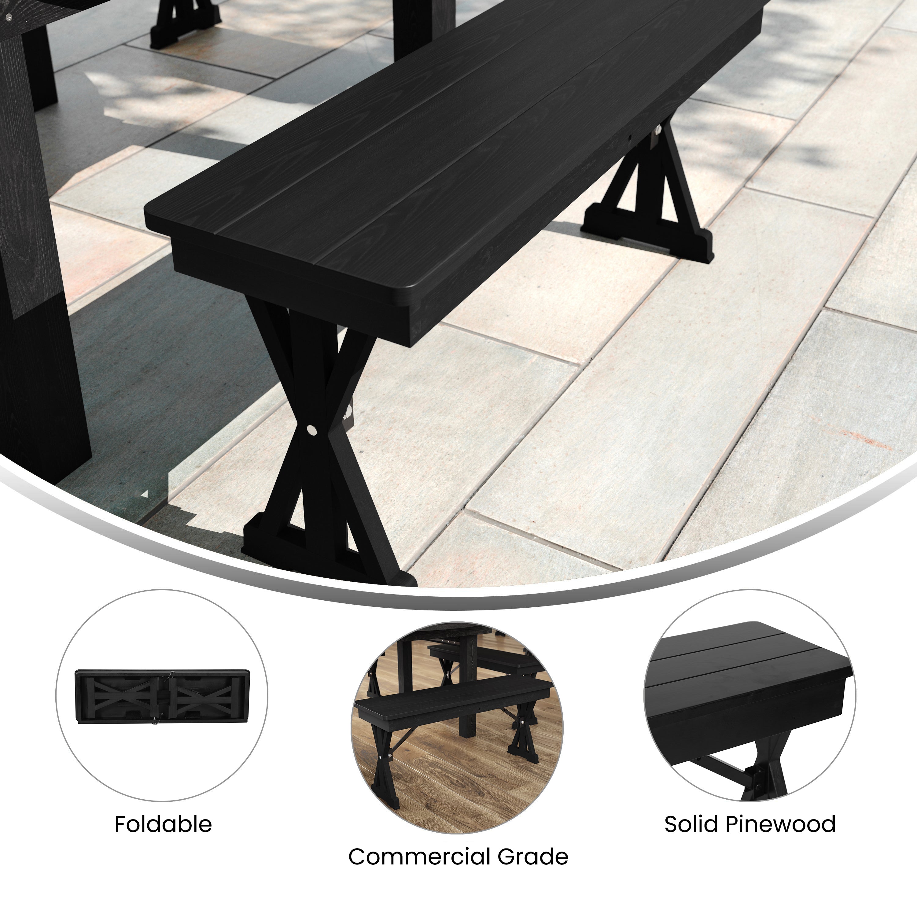 HERCULES 40" x 12" Black Wash Commercial Antique Solid Pine Farmhouse Folding Bench with Foldable Locking X-Legs