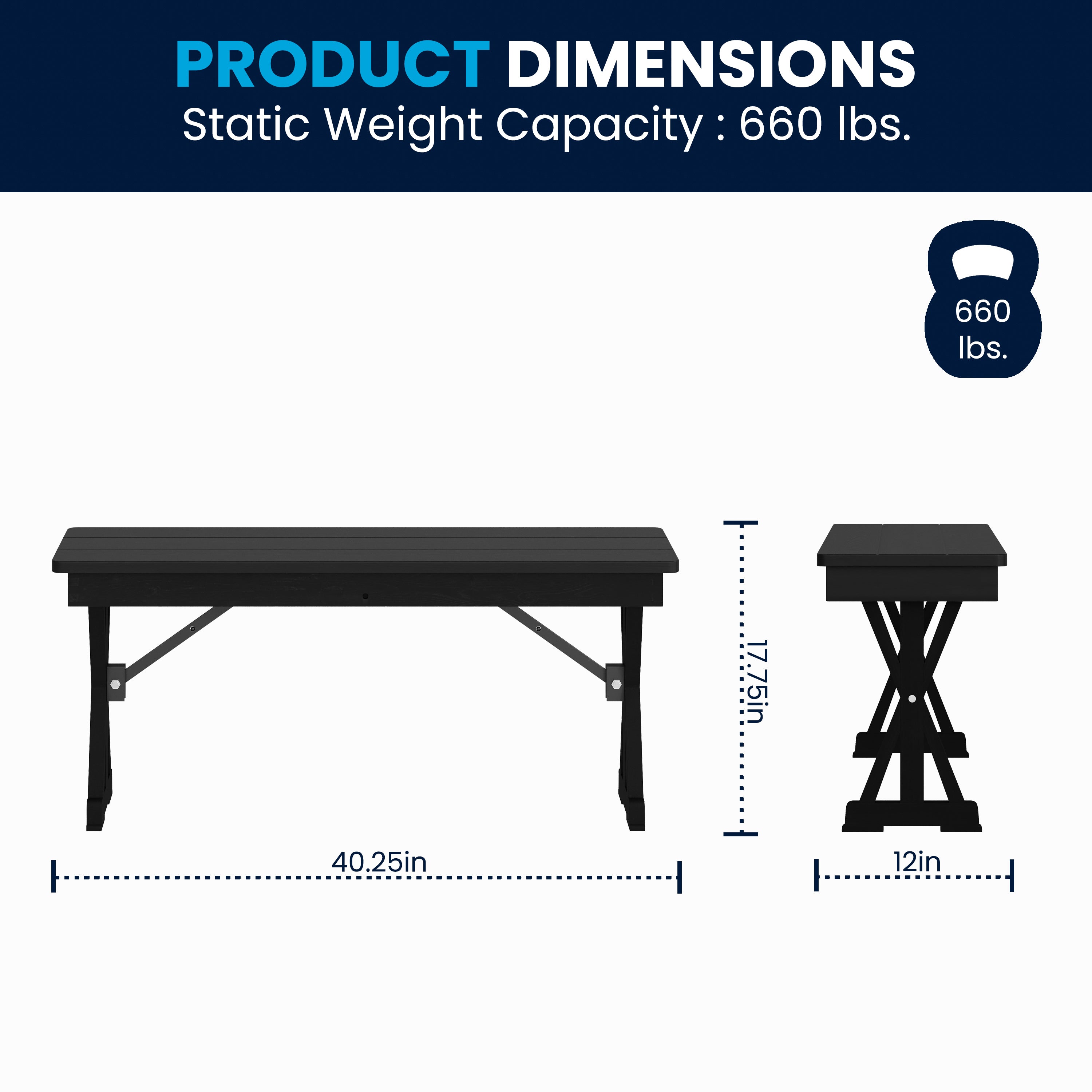 HERCULES 40" x 12" Black Wash Commercial Antique Solid Pine Farmhouse Folding Bench with Foldable Locking X-Legs
