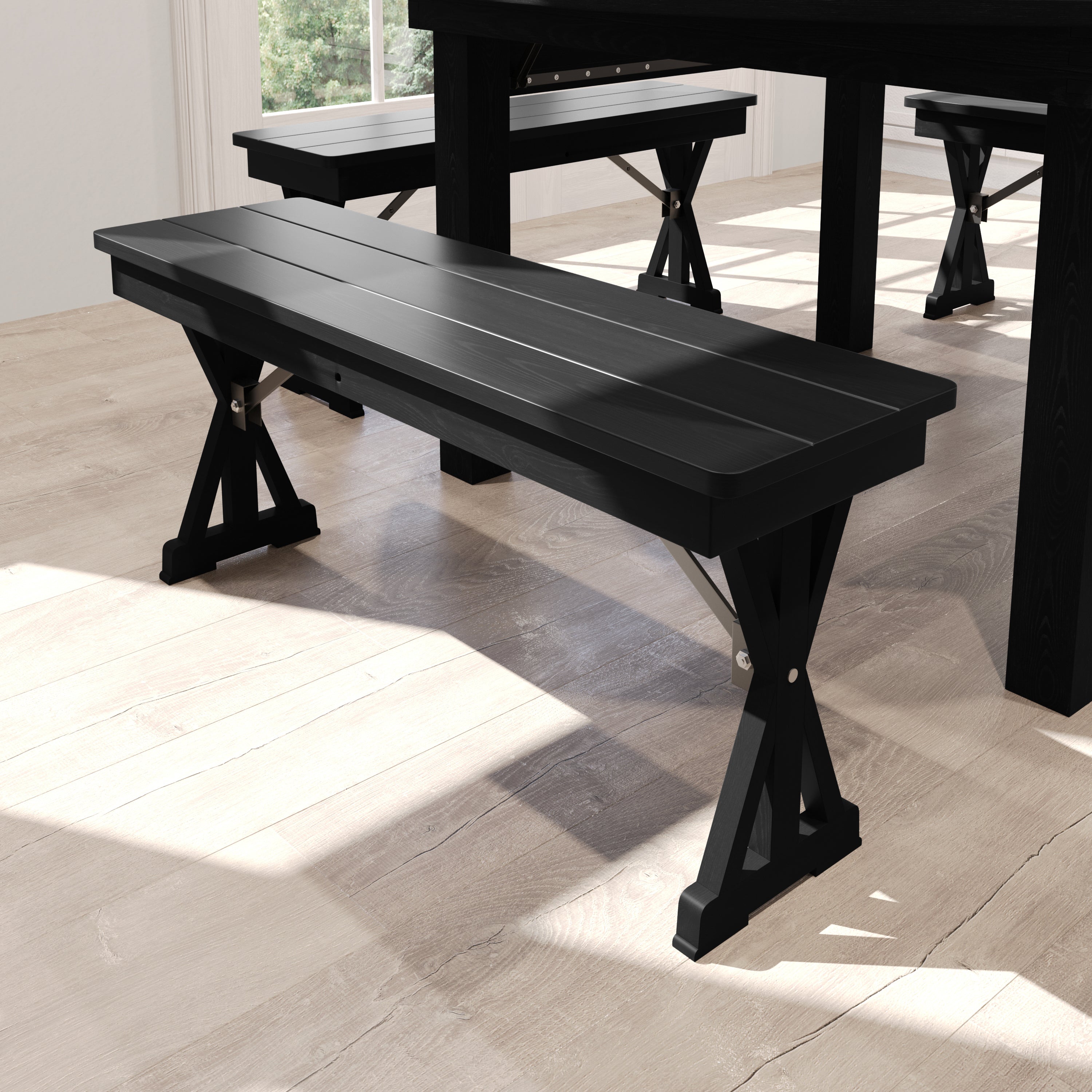 HERCULES 40" x 12" Black Wash Commercial Antique Solid Pine Farmhouse Folding Bench with Foldable Locking X-Legs