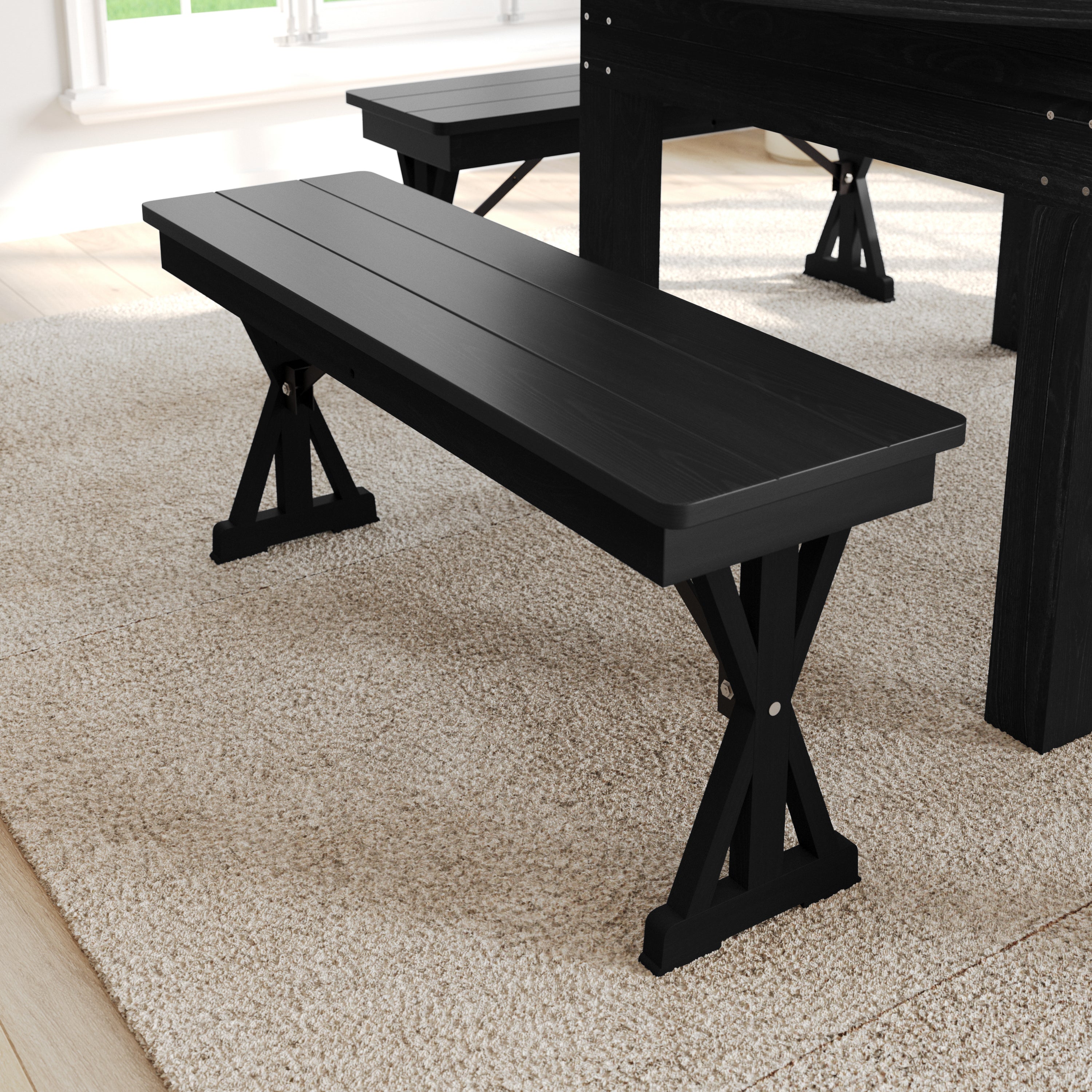 HERCULES 40" x 12" Black Wash Commercial Antique Solid Pine Farmhouse Folding Bench with Foldable Locking X-Legs