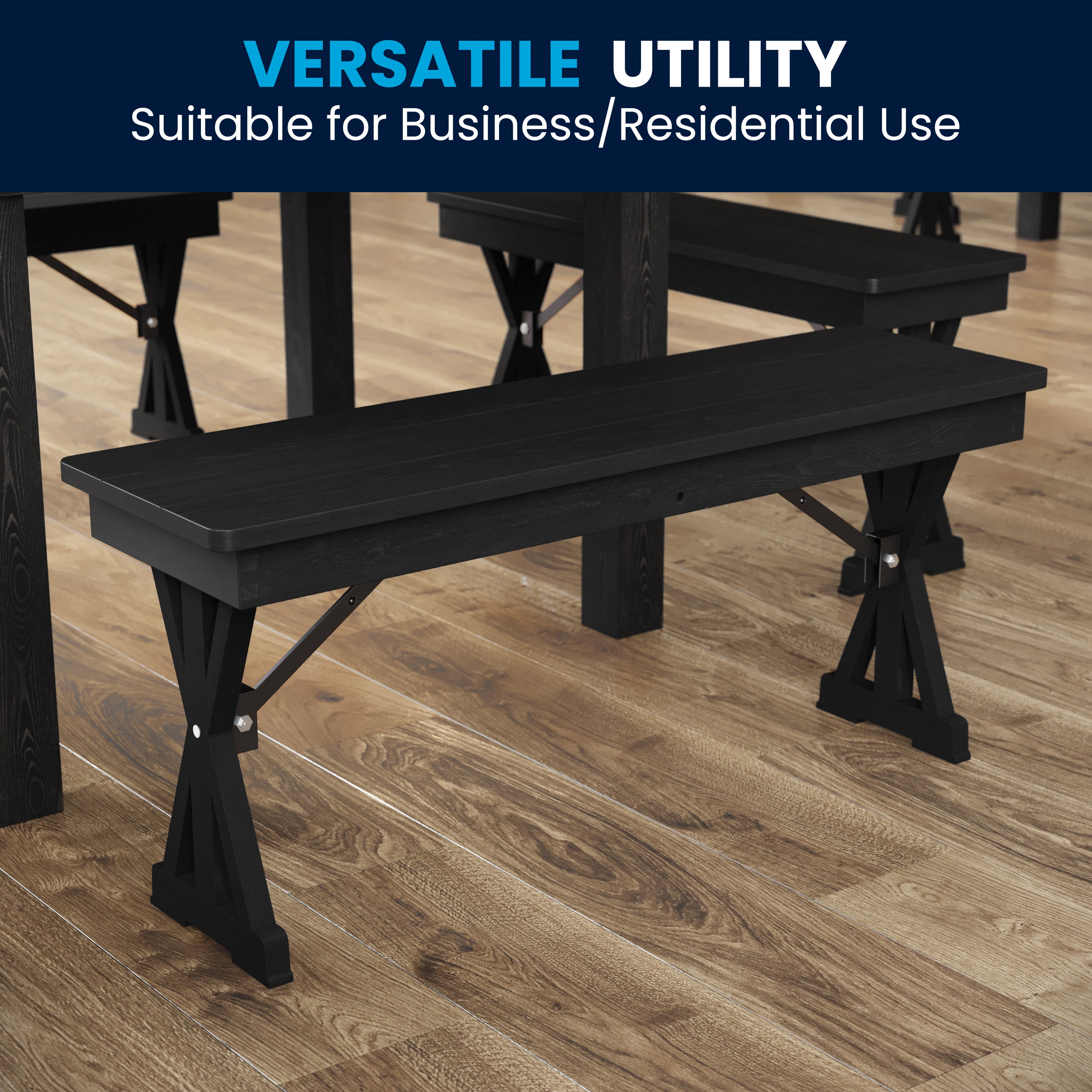HERCULES 40" x 12" Black Wash Commercial Antique Solid Pine Farmhouse Folding Bench with Foldable Locking X-Legs