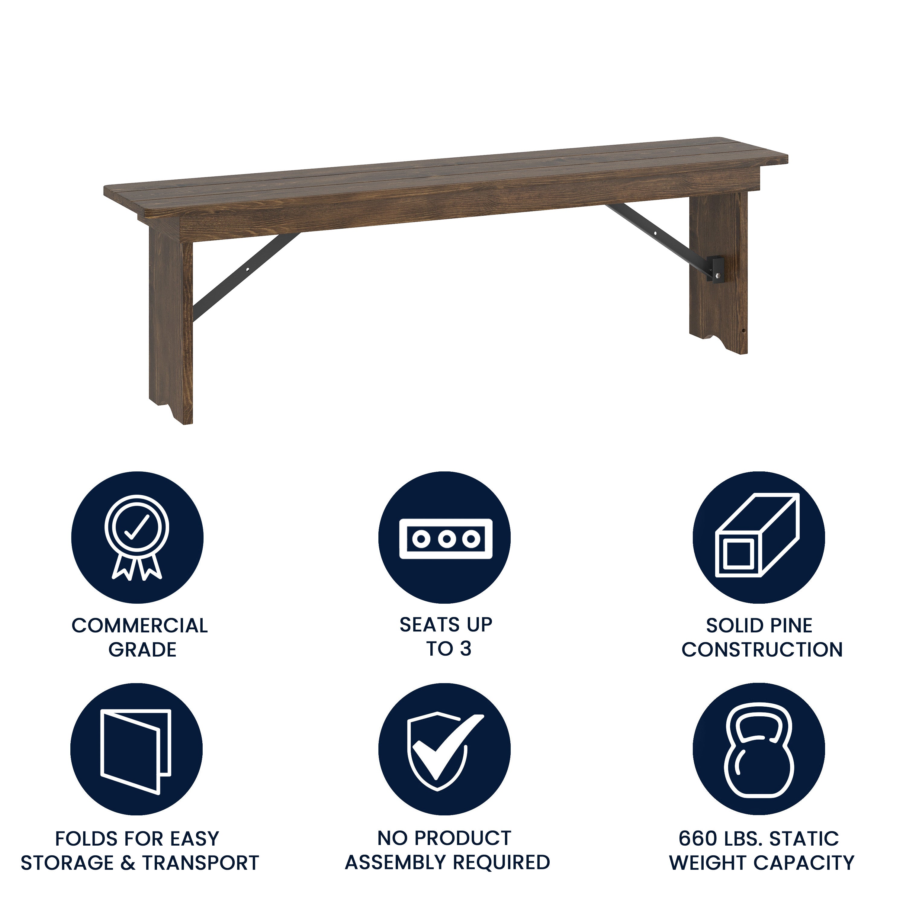HERCULES 60" x 12" Antique Rustic Commercial Antique Solid Pine Farmhouse Folding Bench with Foldable Locking Legs