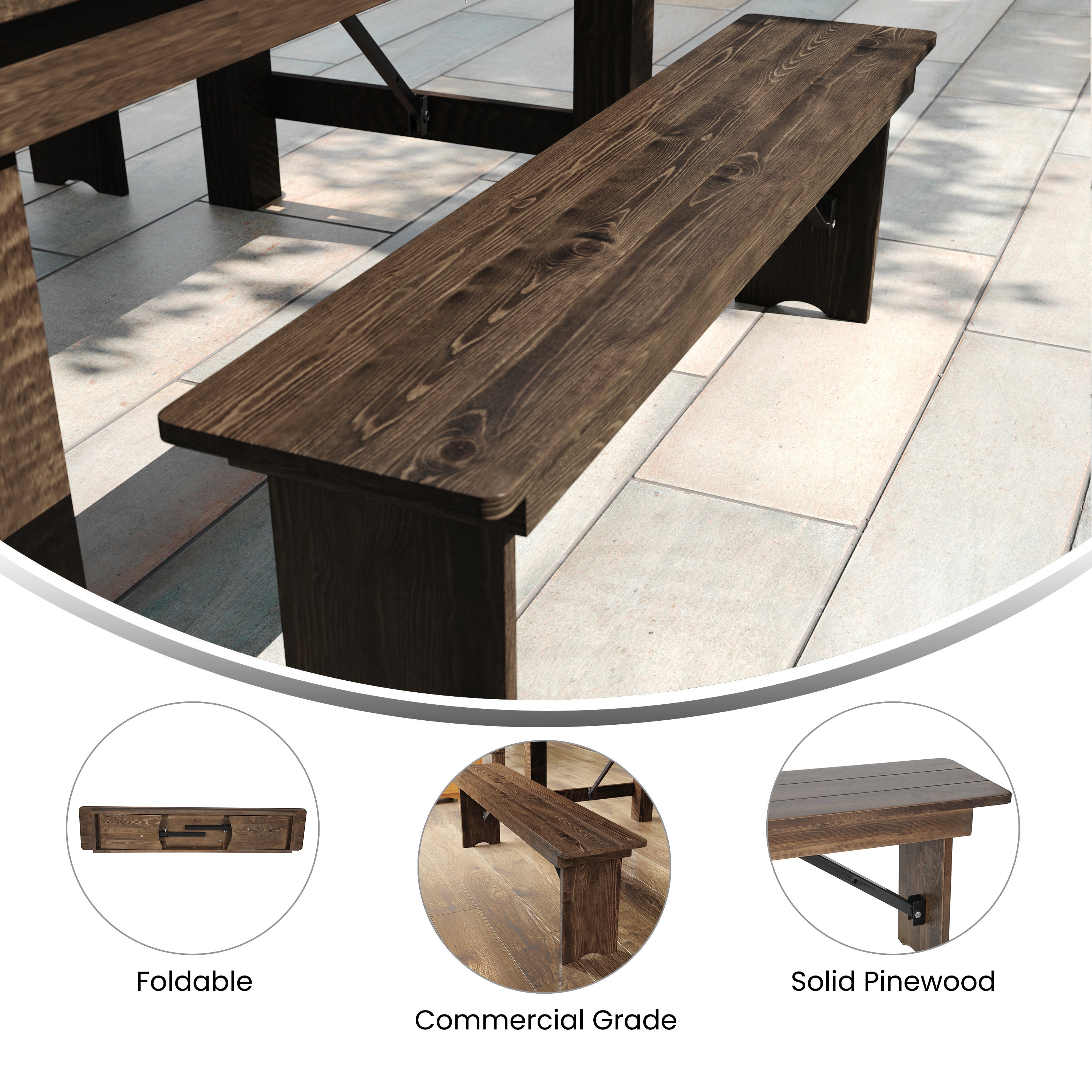 HERCULES 60" x 12" Antique Rustic Commercial Antique Solid Pine Farmhouse Folding Bench with Foldable Locking Legs