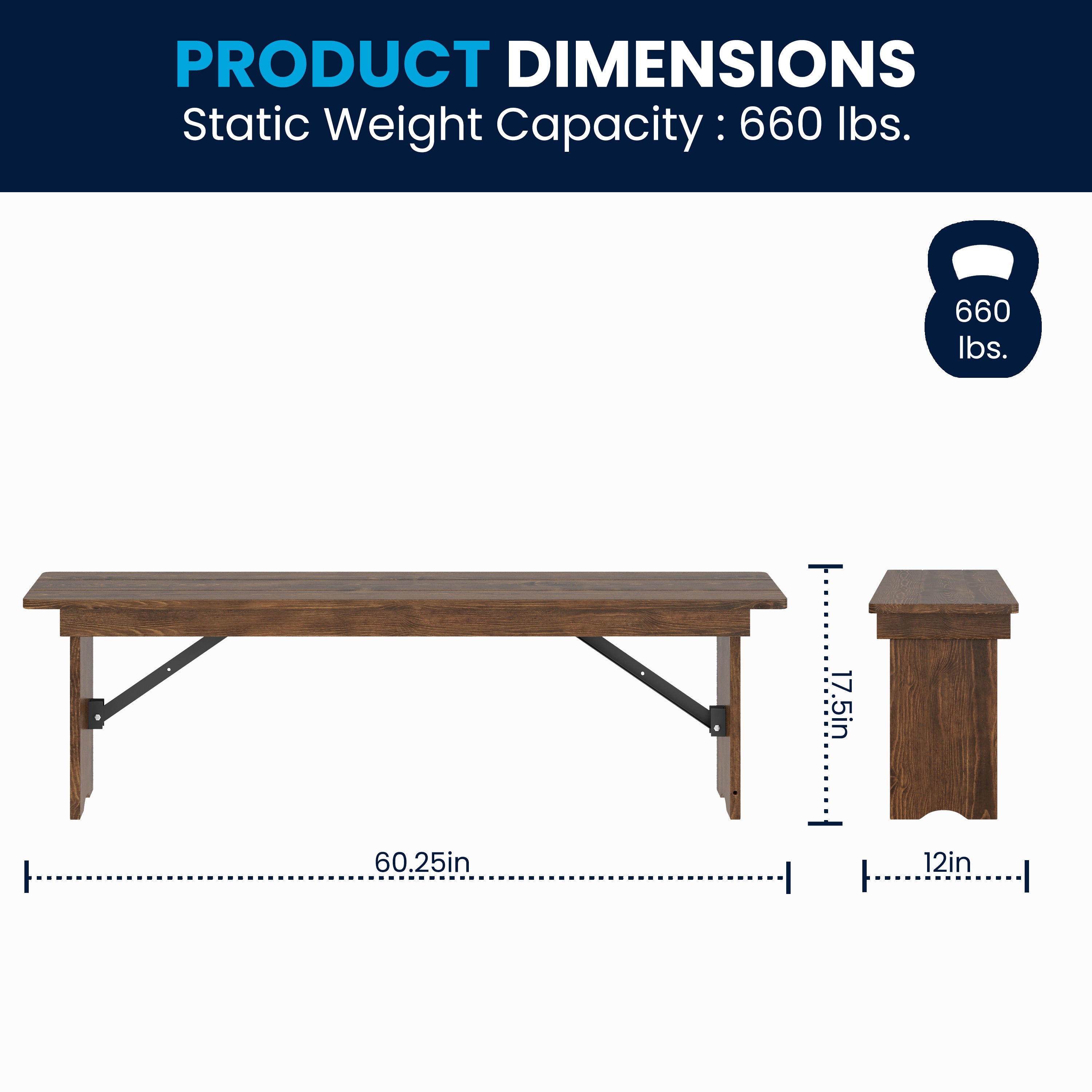 HERCULES 60" x 12" Antique Rustic Commercial Antique Solid Pine Farmhouse Folding Bench with Foldable Locking Legs