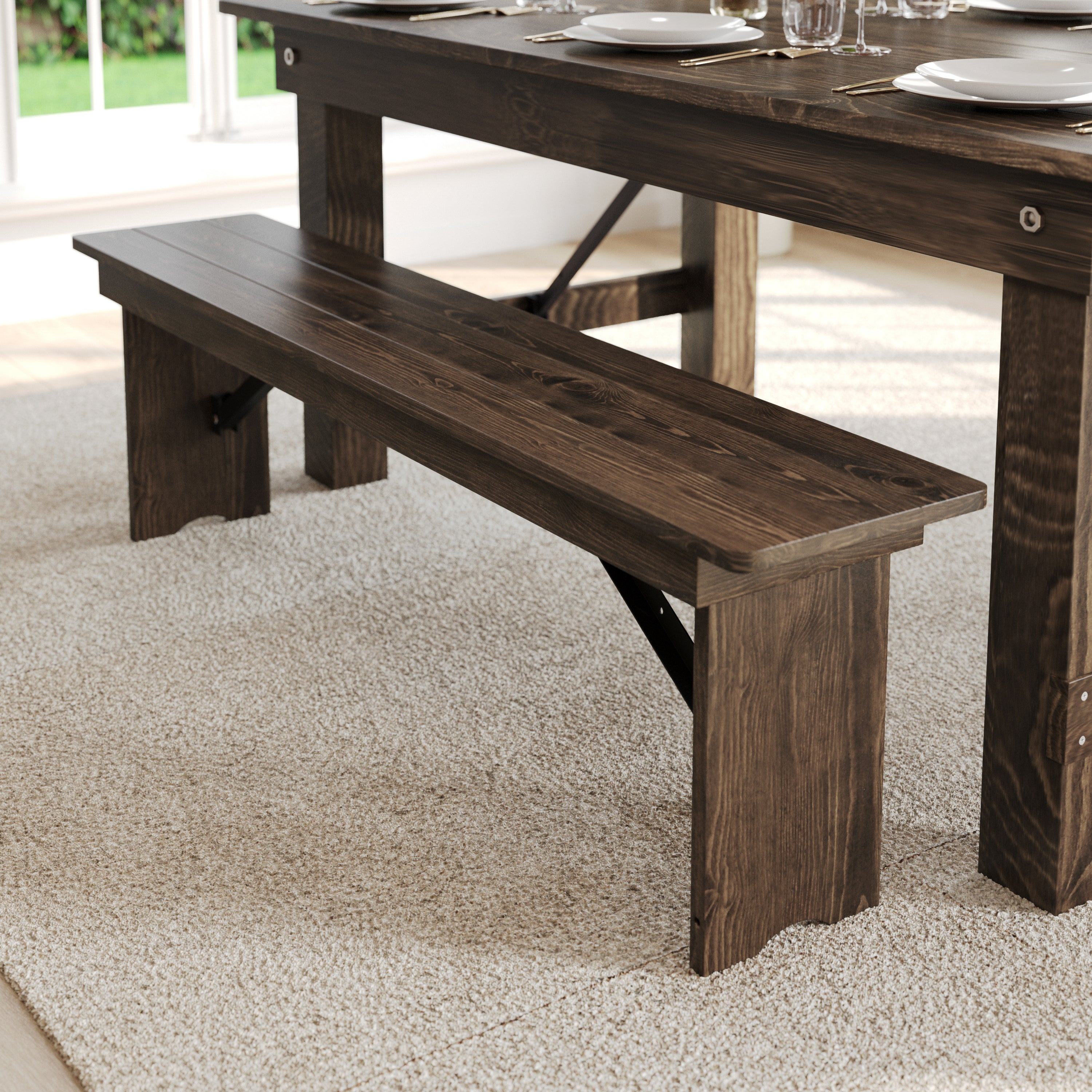HERCULES 60" x 12" Antique Rustic Commercial Antique Solid Pine Farmhouse Folding Bench with Foldable Locking Legs