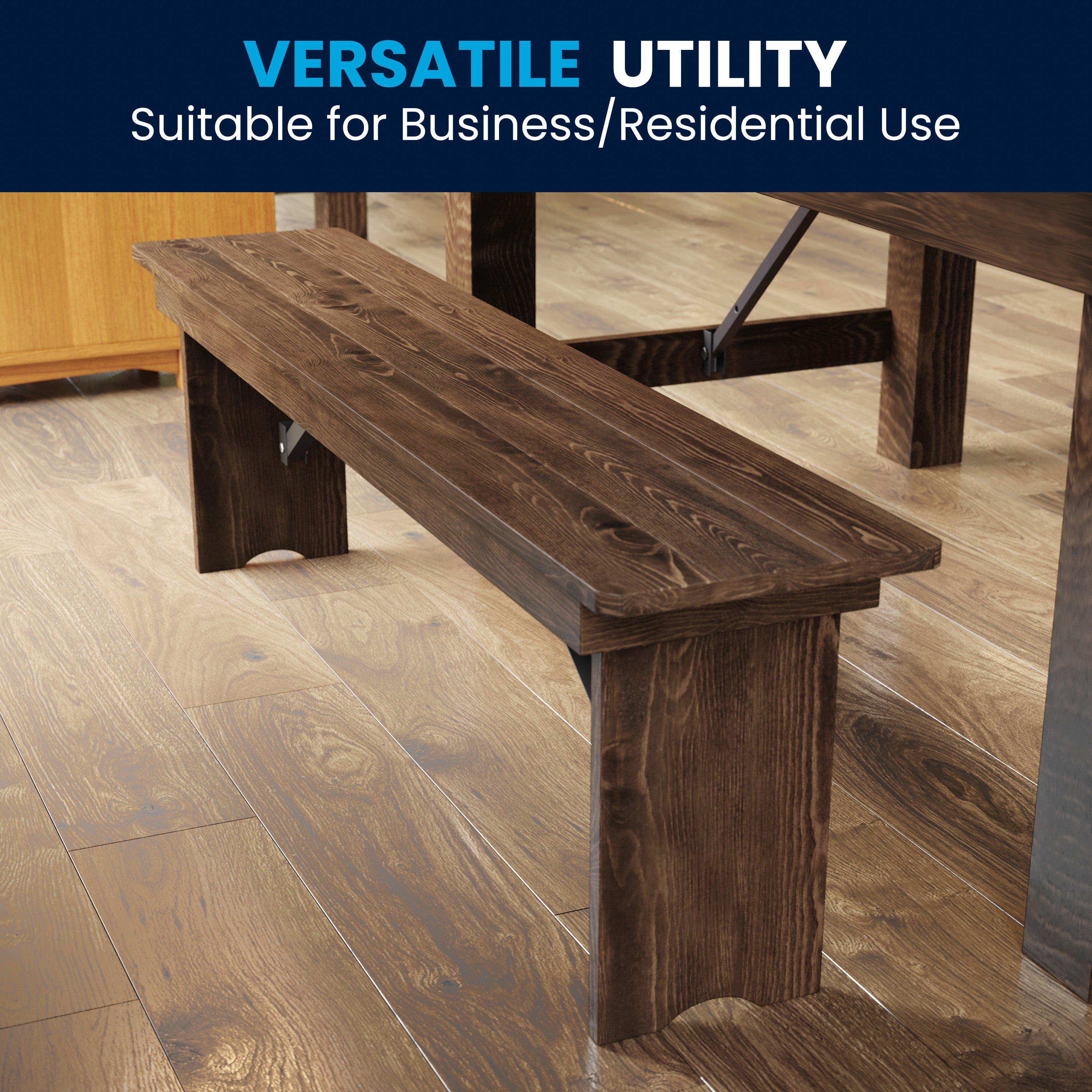 HERCULES 60" x 12" Antique Rustic Commercial Antique Solid Pine Farmhouse Folding Bench with Foldable Locking Legs