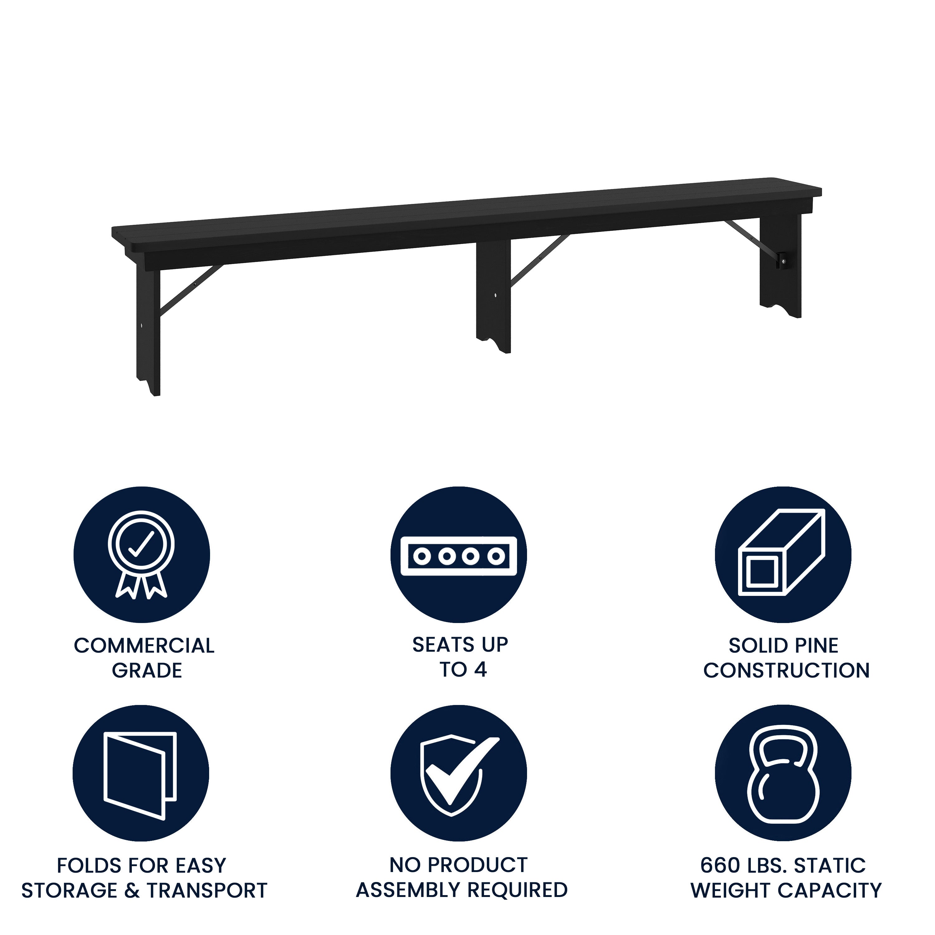 HERCULES 8' x 12'' Black Wash Commercial Antique Solid Pine Farmhouse Folding Bench with Foldable Locking Legs