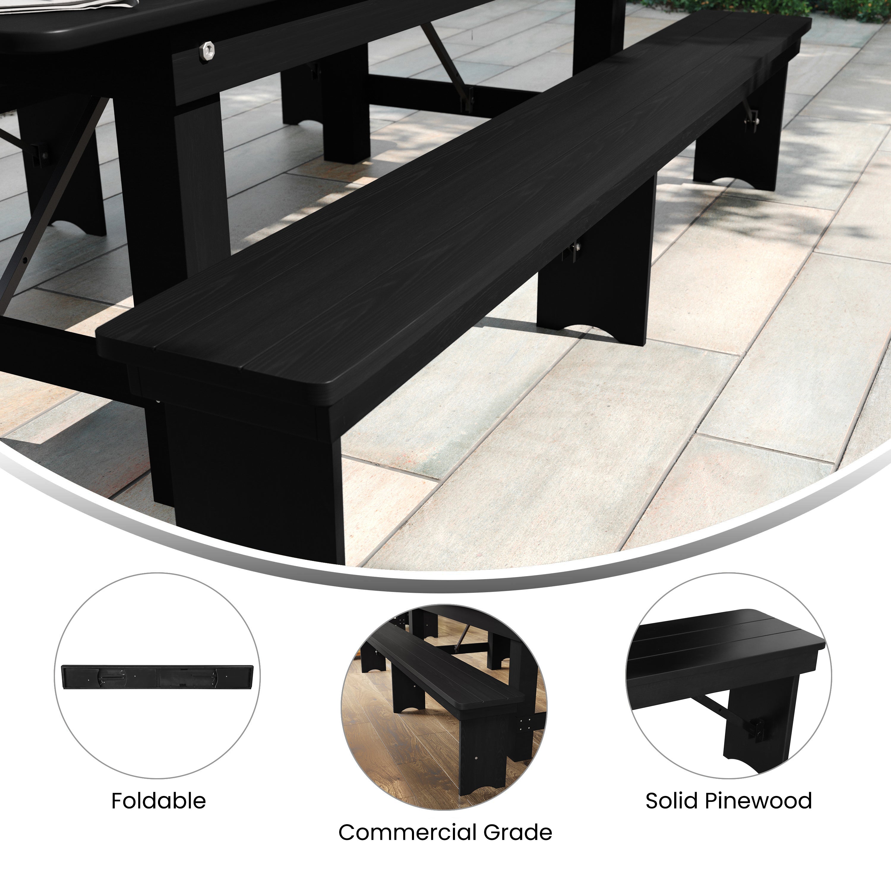 HERCULES 8' x 12'' Black Wash Commercial Antique Solid Pine Farmhouse Folding Bench with Foldable Locking Legs
