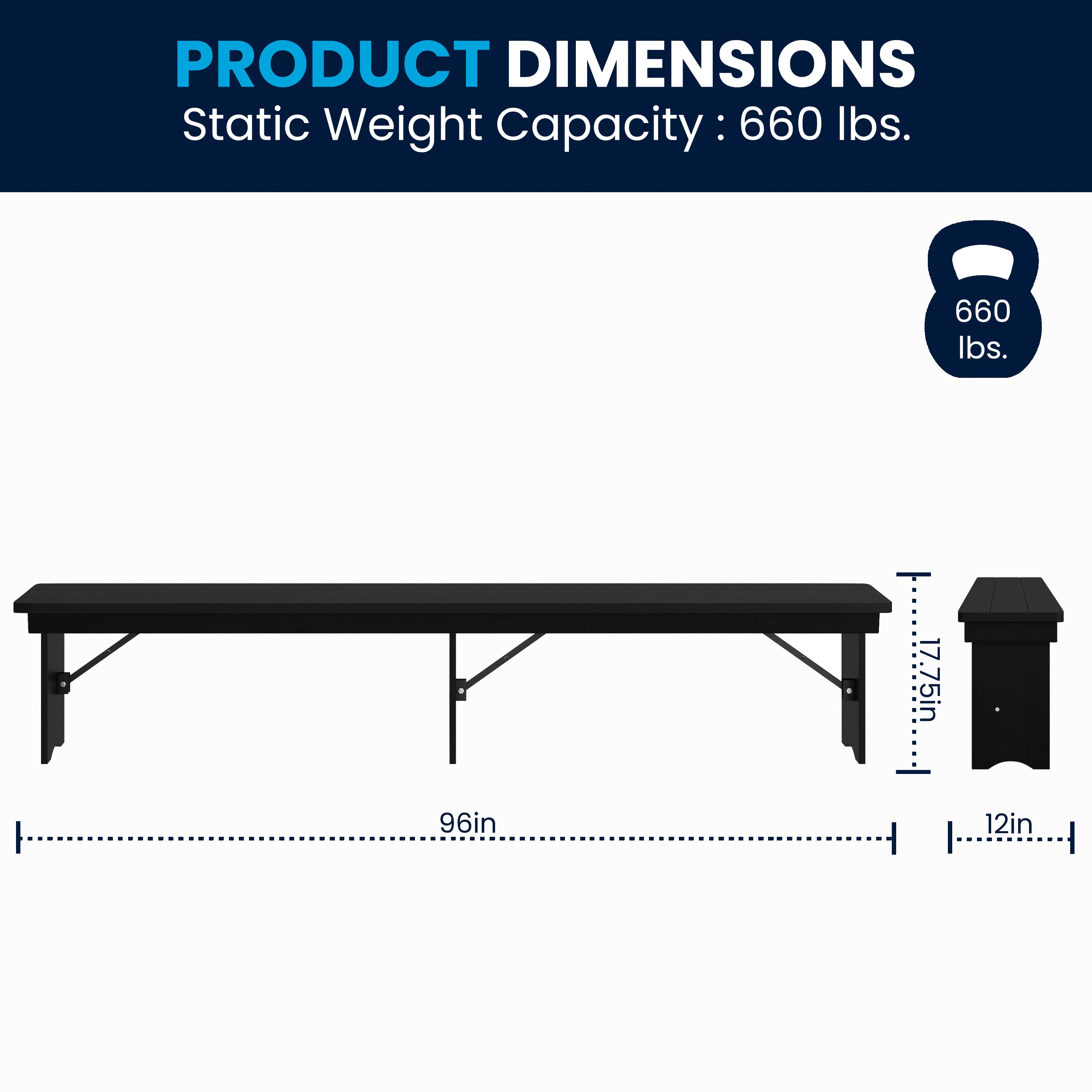 HERCULES 8' x 12'' Black Wash Commercial Antique Solid Pine Farmhouse Folding Bench with Foldable Locking Legs