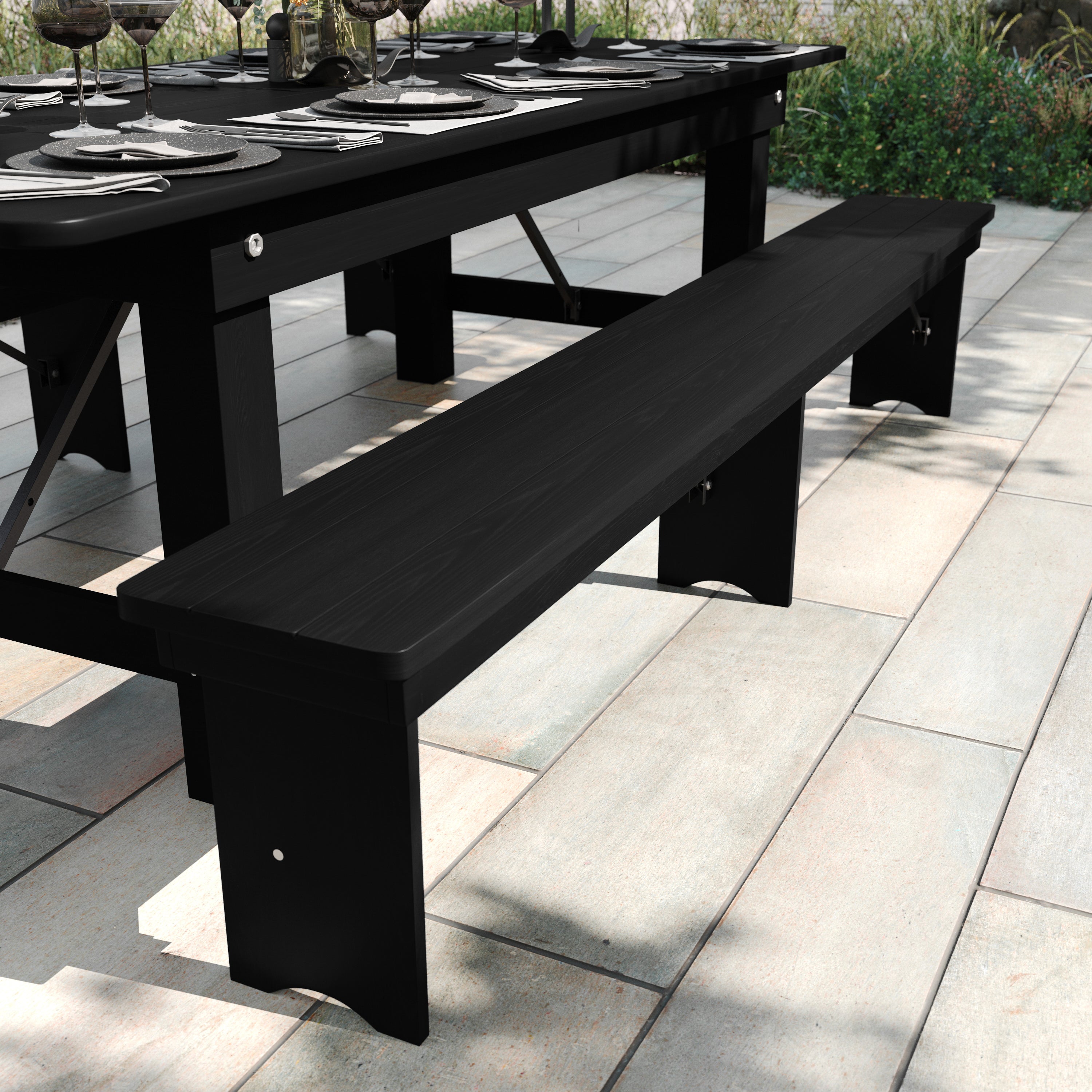 HERCULES 8' x 12'' Black Wash Commercial Antique Solid Pine Farmhouse Folding Bench with Foldable Locking Legs