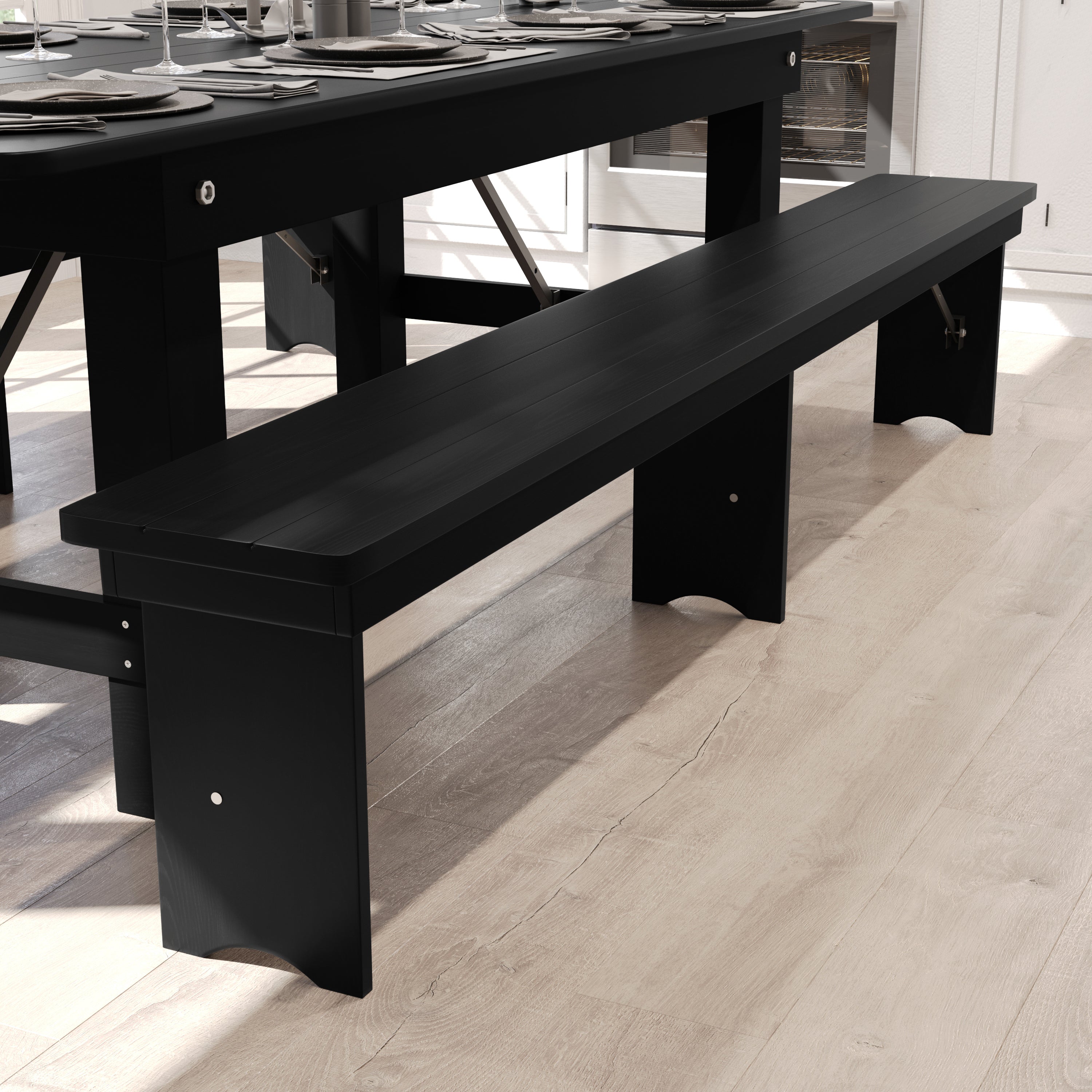 HERCULES 8' x 12'' Black Wash Commercial Antique Solid Pine Farmhouse Folding Bench with Foldable Locking Legs