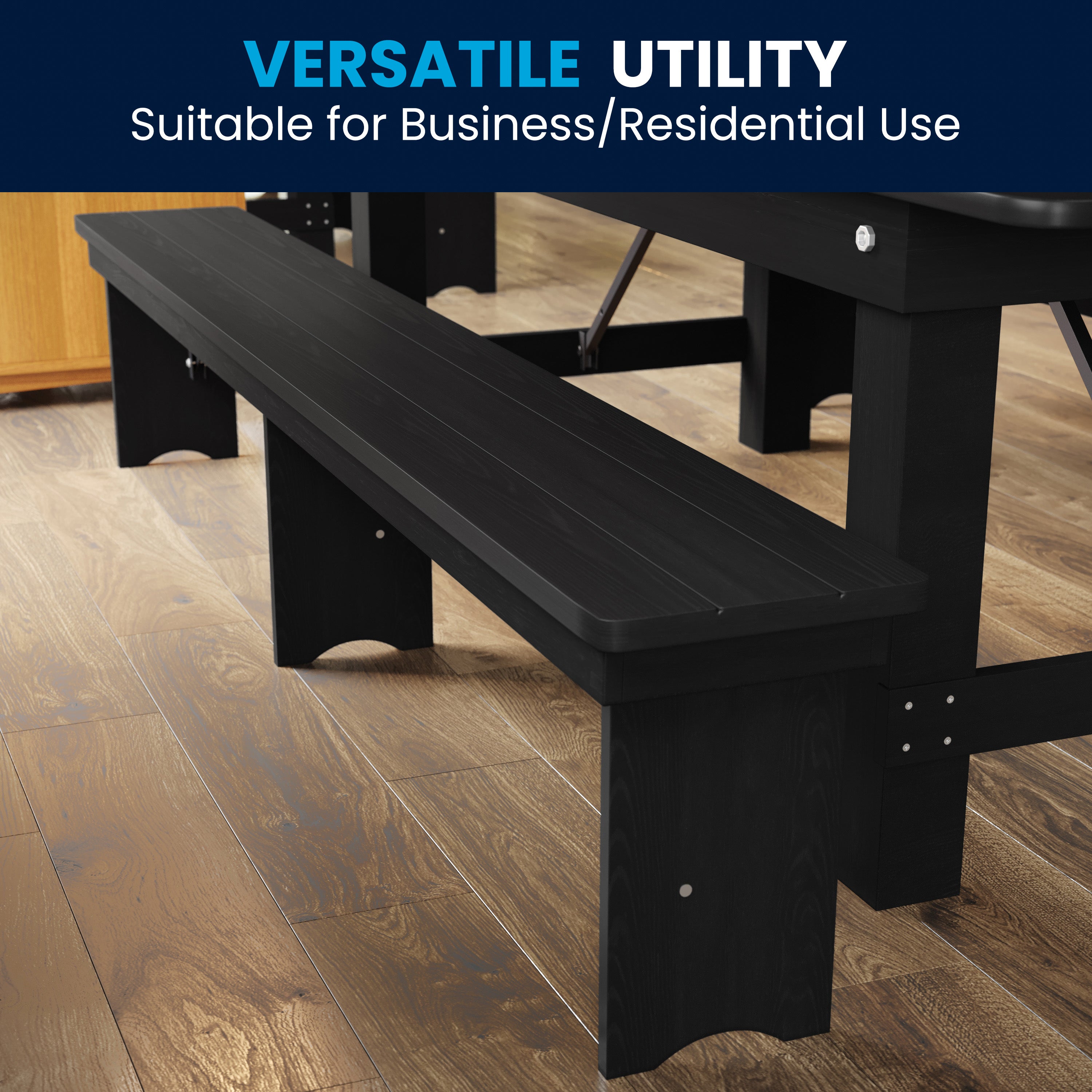 HERCULES 8' x 12'' Black Wash Commercial Antique Solid Pine Farmhouse Folding Bench with Foldable Locking Legs