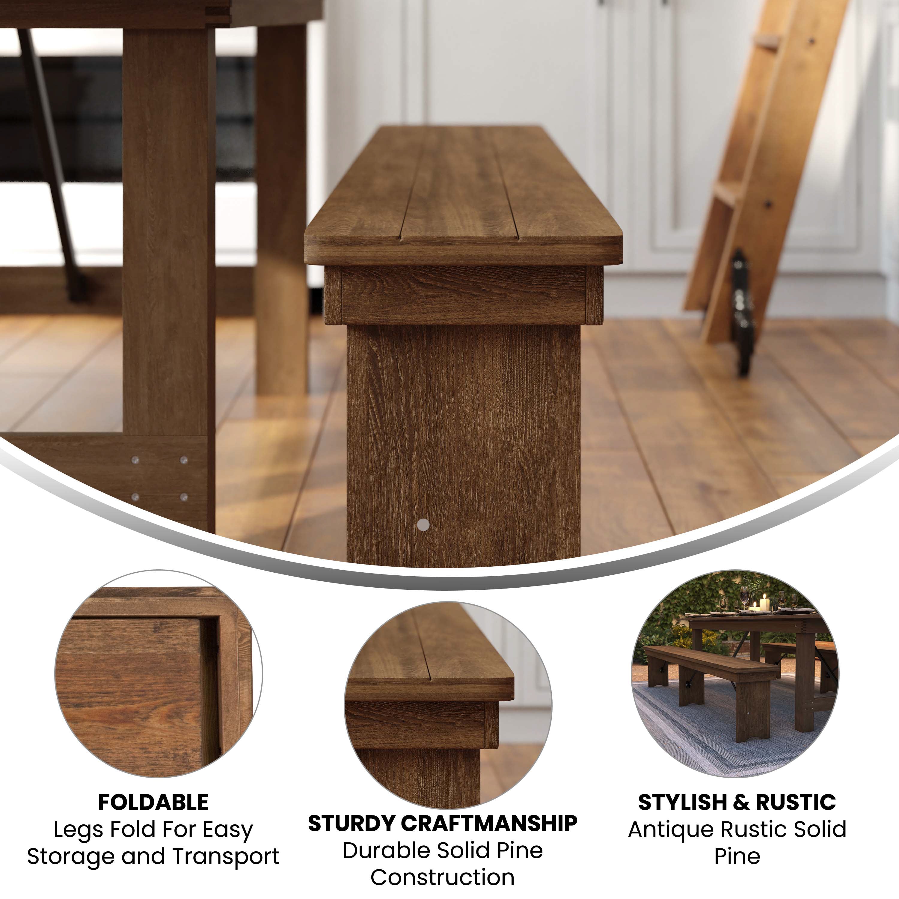 HERCULES Series 8' x 12'' Antique Rustic Solid Pine Folding Farm Bench with 3 Legs