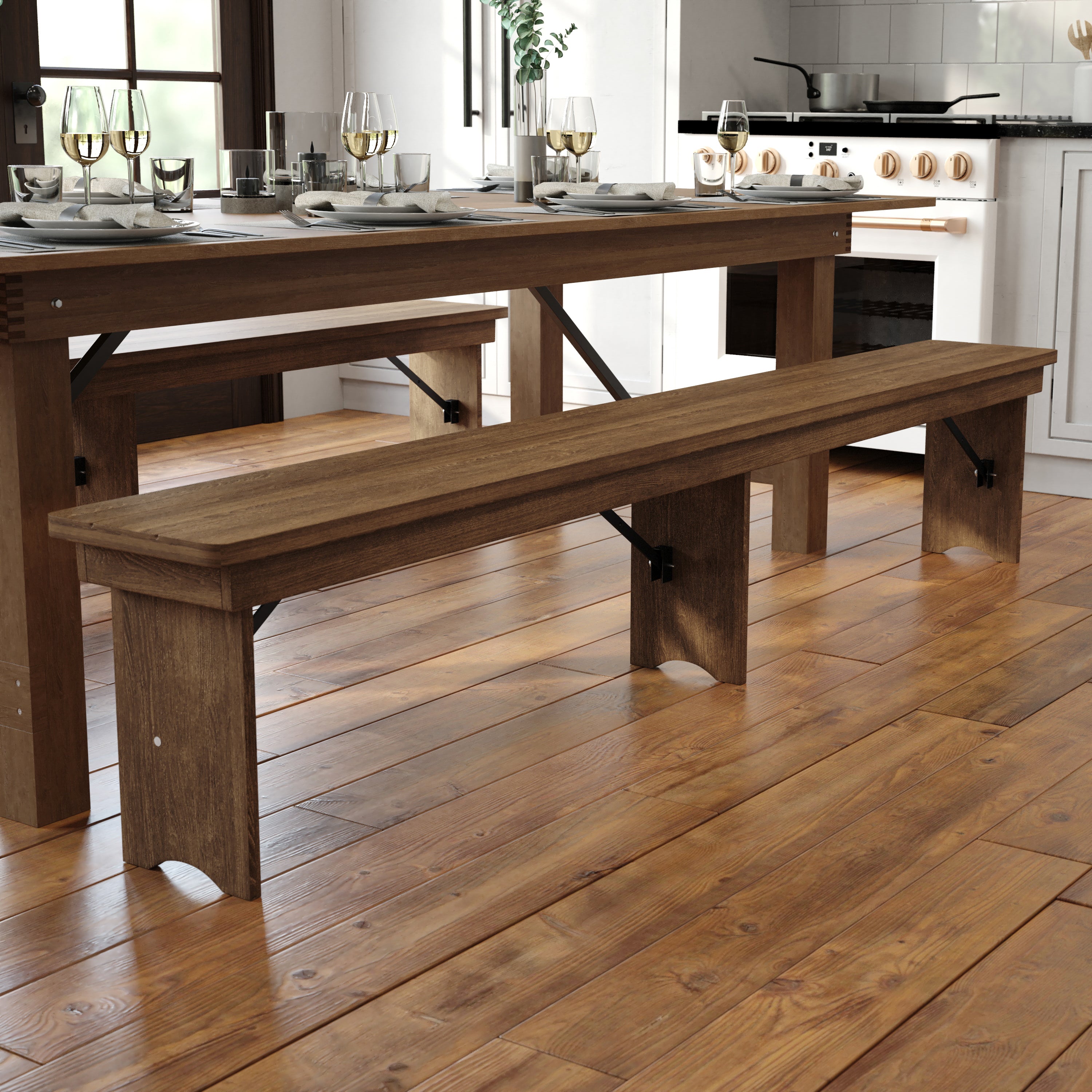 HERCULES Series 8' x 12'' Antique Rustic Solid Pine Folding Farm Bench with 3 Legs