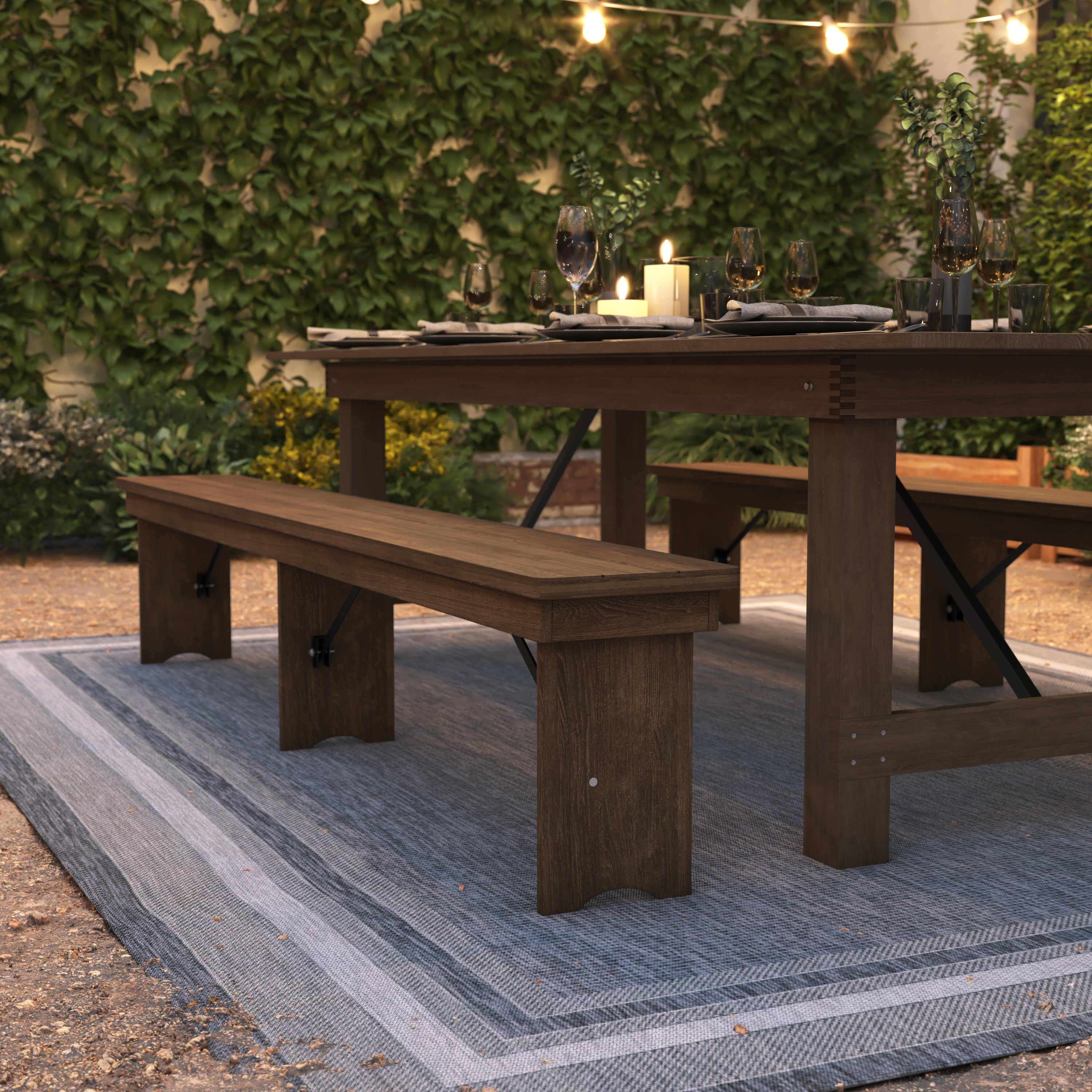 HERCULES Series 8' x 12'' Antique Rustic Solid Pine Folding Farm Bench with 3 Legs