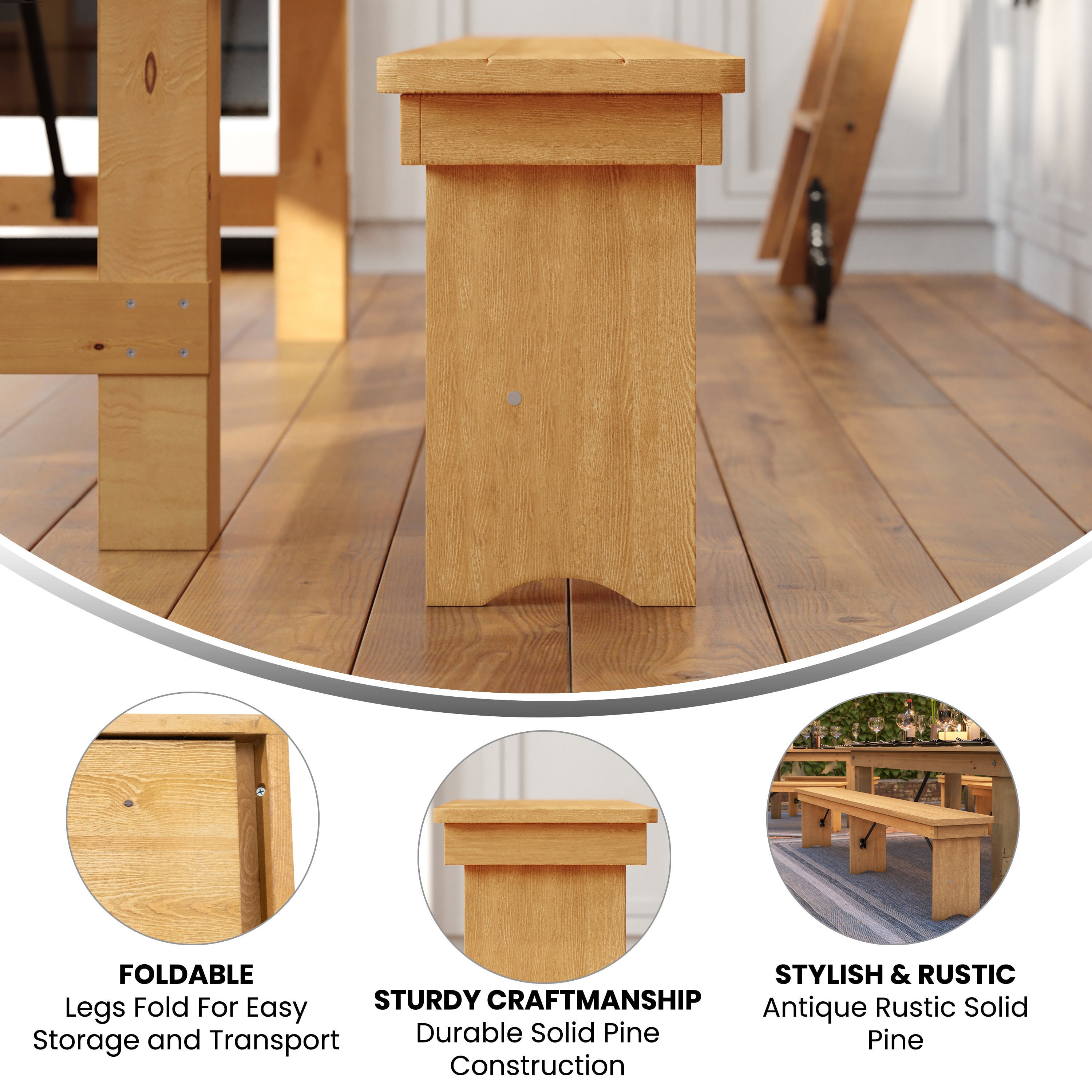 HERCULES 8' x 12'' Antique Rustic Light Natural Solid Pine Folding Farm Bench with 3 Legs