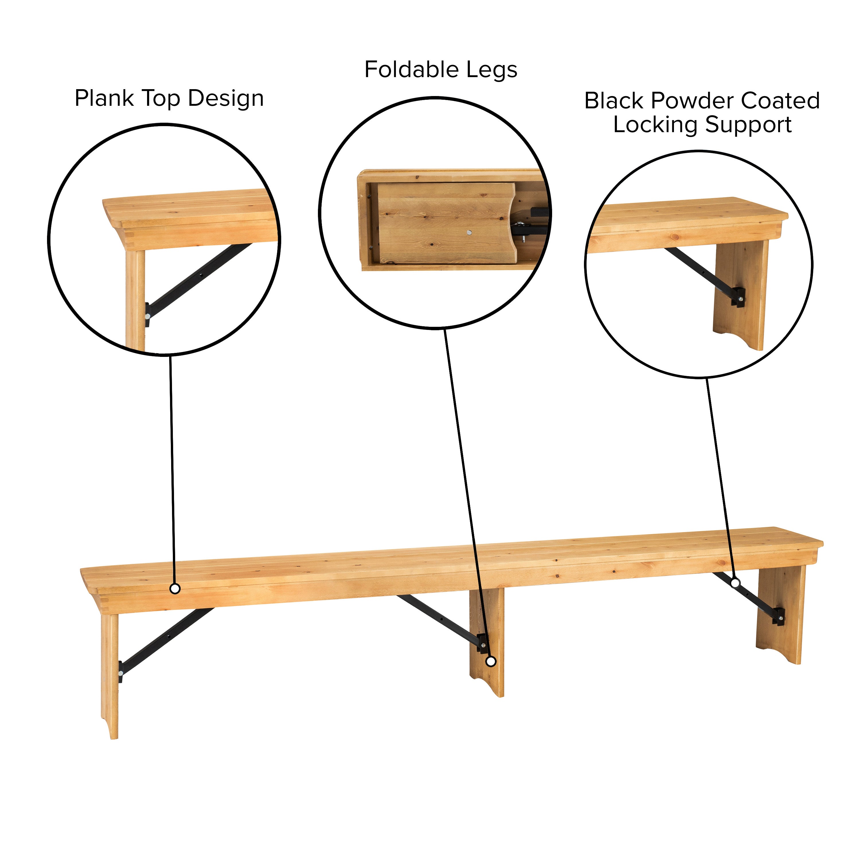 HERCULES 8' x 12'' Antique Rustic Light Natural Solid Pine Folding Farm Bench with 3 Legs