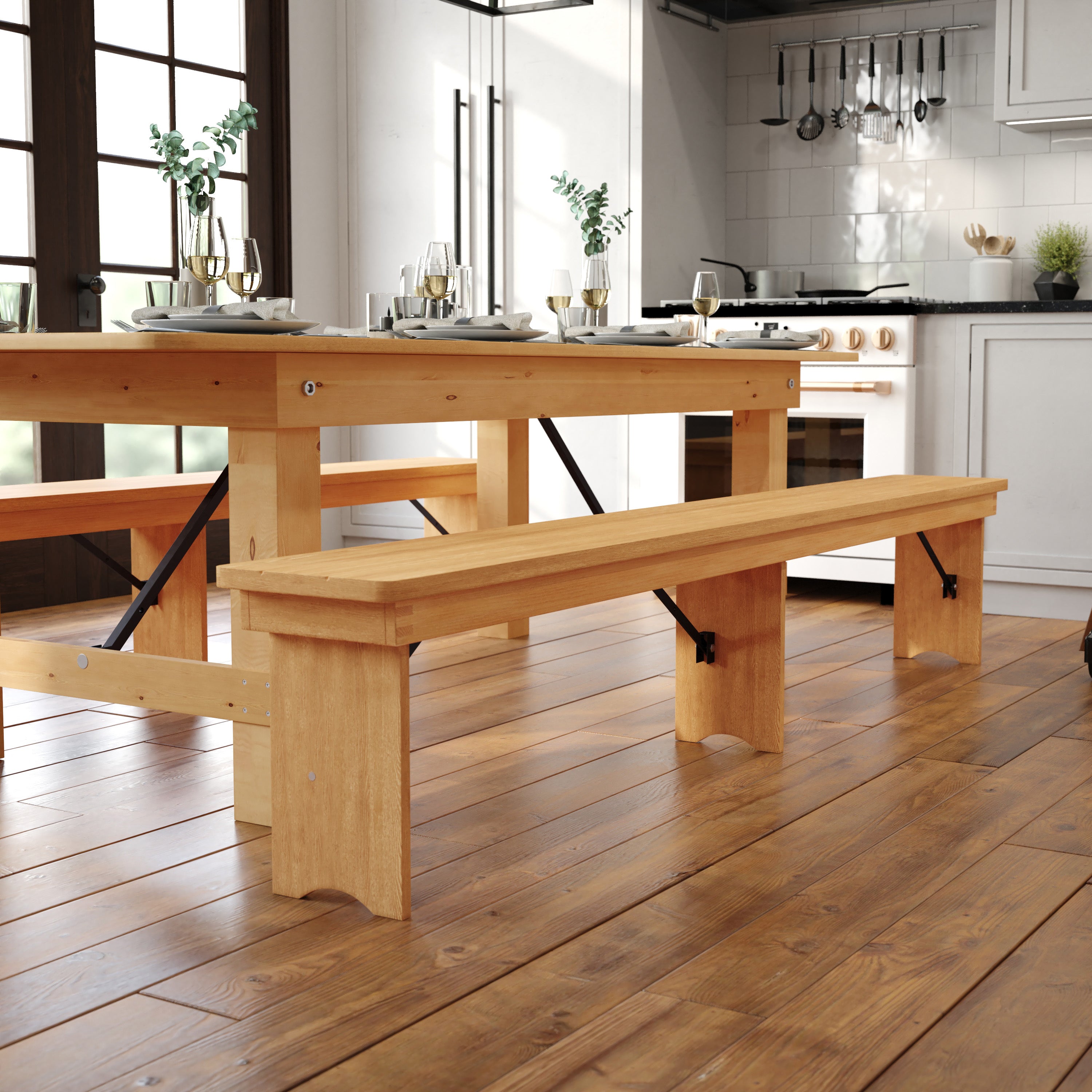 HERCULES 8' x 12'' Antique Rustic Light Natural Solid Pine Folding Farm Bench with 3 Legs