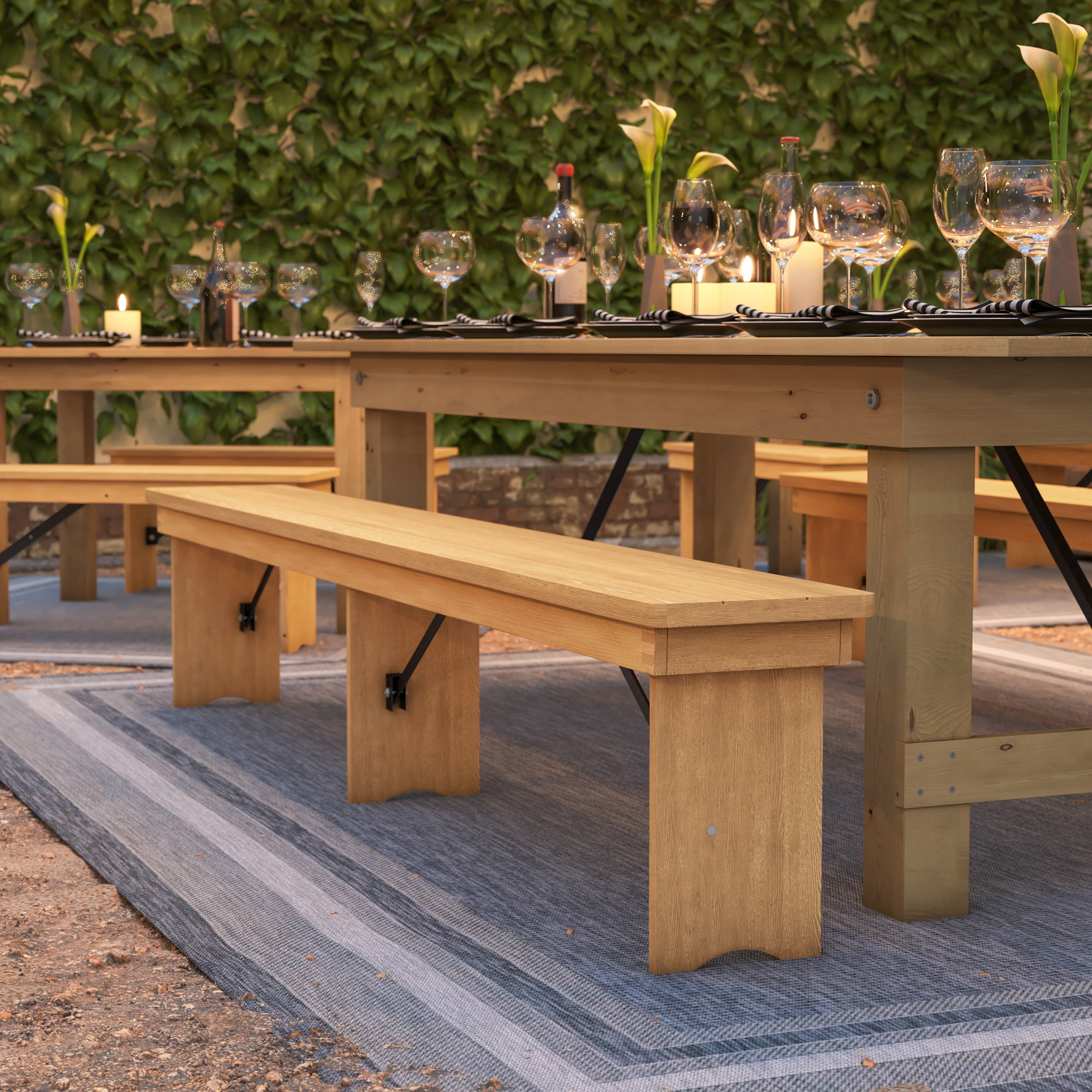 HERCULES 8' x 12'' Antique Rustic Light Natural Solid Pine Folding Farm Bench with 3 Legs