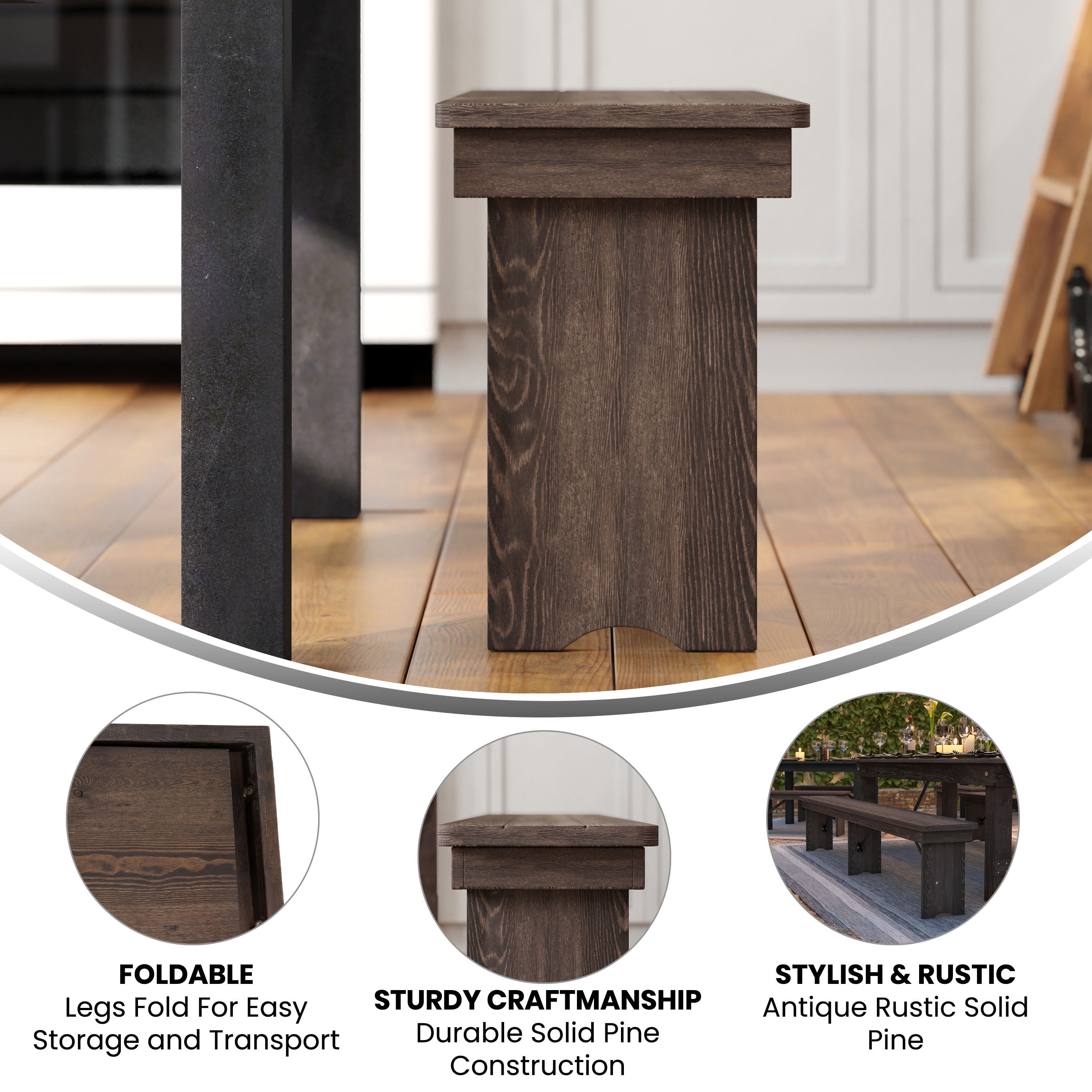 HERCULES 8' x 12" Antique Rustic Mahogany Solid Pine Folding Farm Bench with 3 Legs