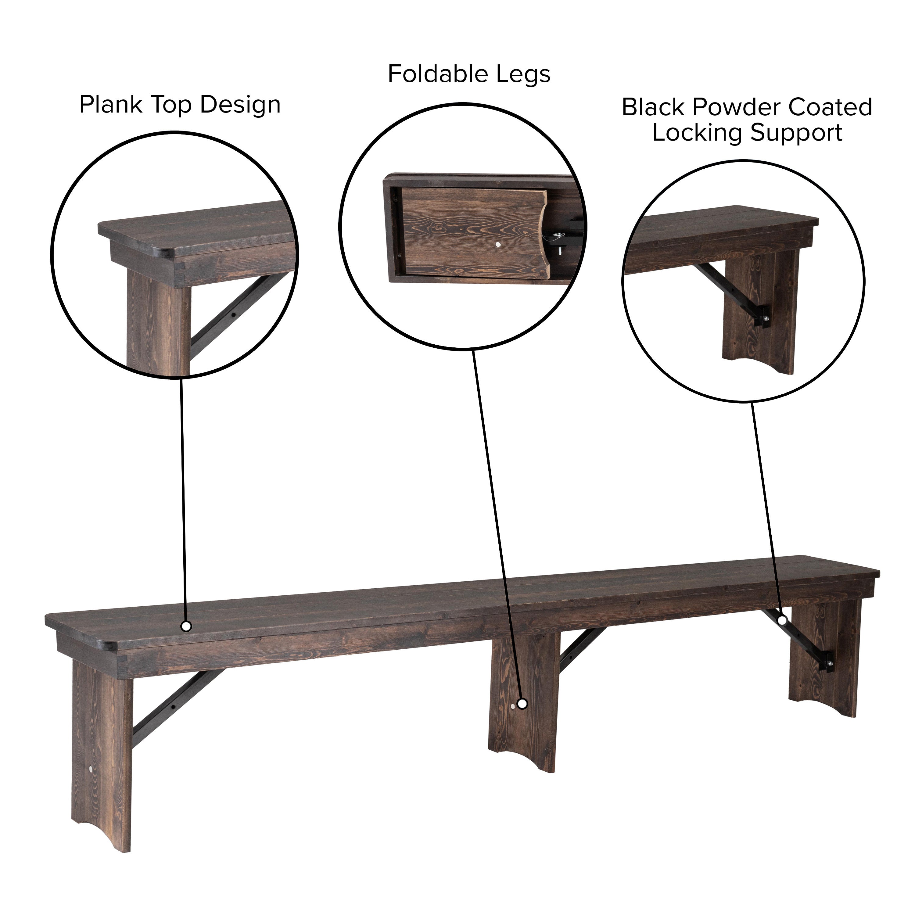 HERCULES 8' x 12" Antique Rustic Mahogany Solid Pine Folding Farm Bench with 3 Legs