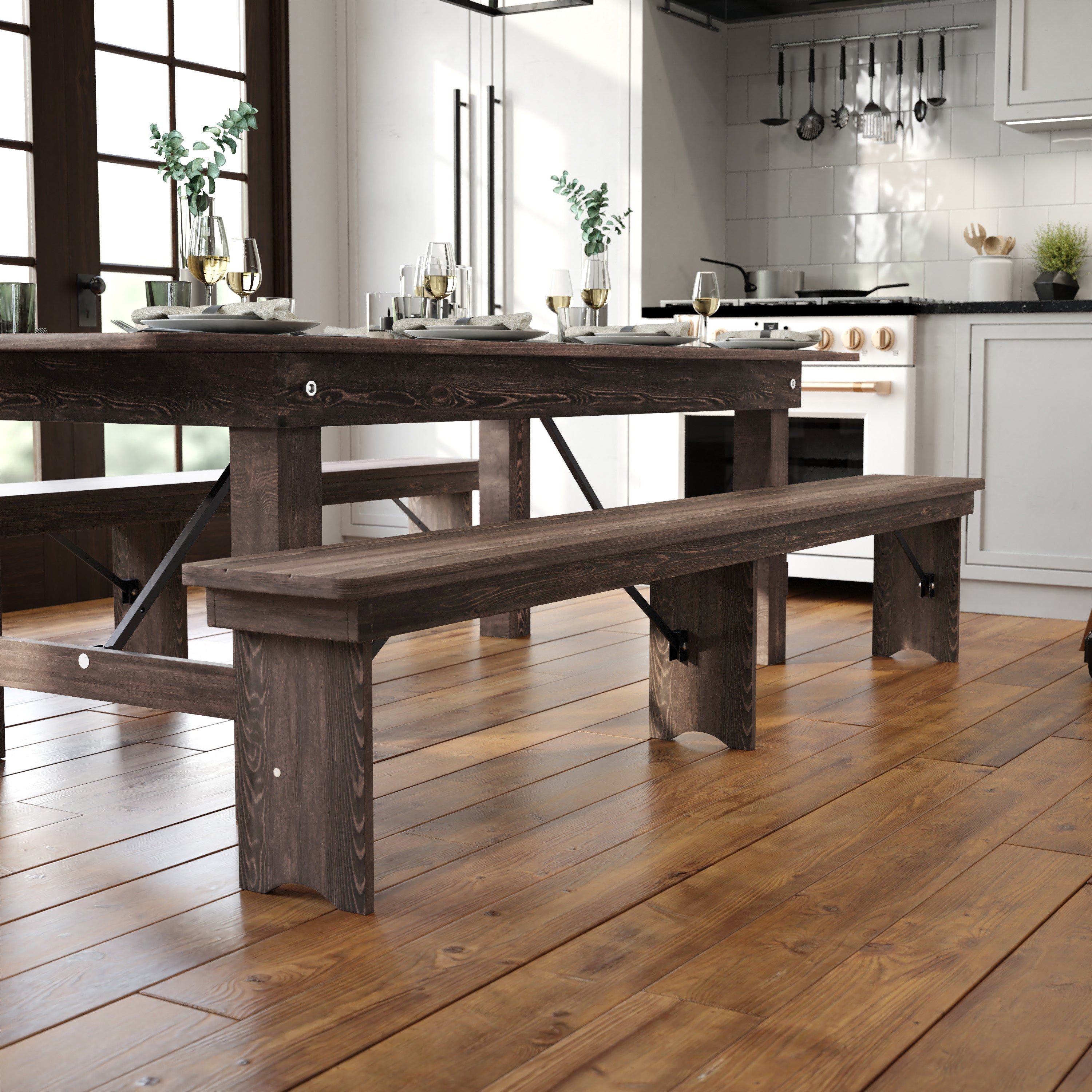 HERCULES 8' x 12" Antique Rustic Mahogany Solid Pine Folding Farm Bench with 3 Legs