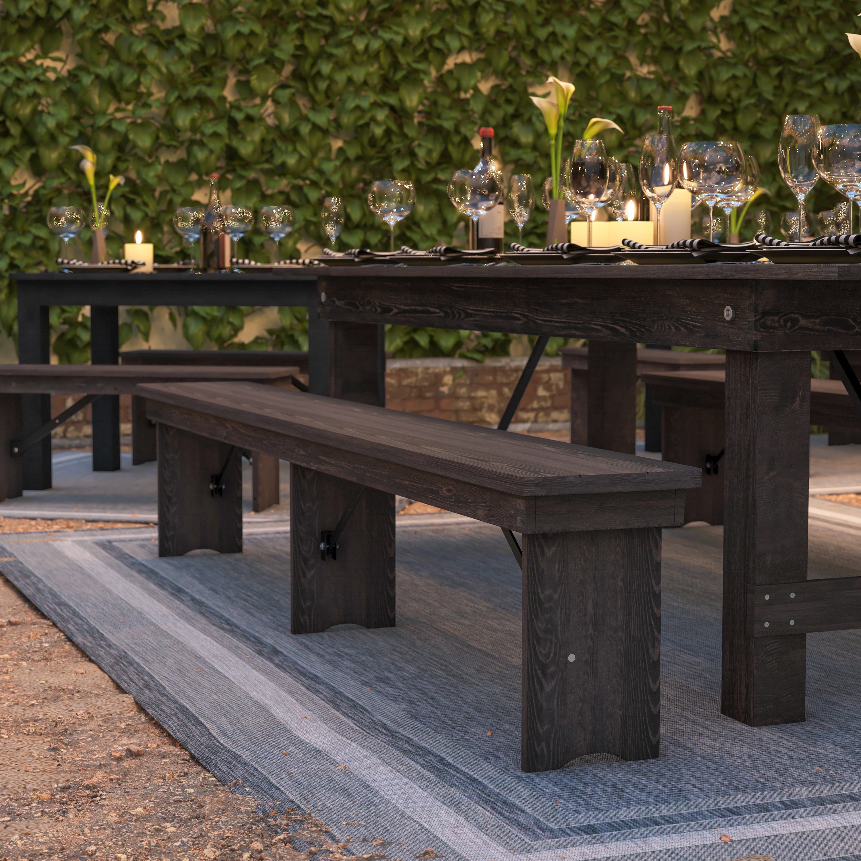 HERCULES 8' x 12" Antique Rustic Mahogany Solid Pine Folding Farm Bench with 3 Legs