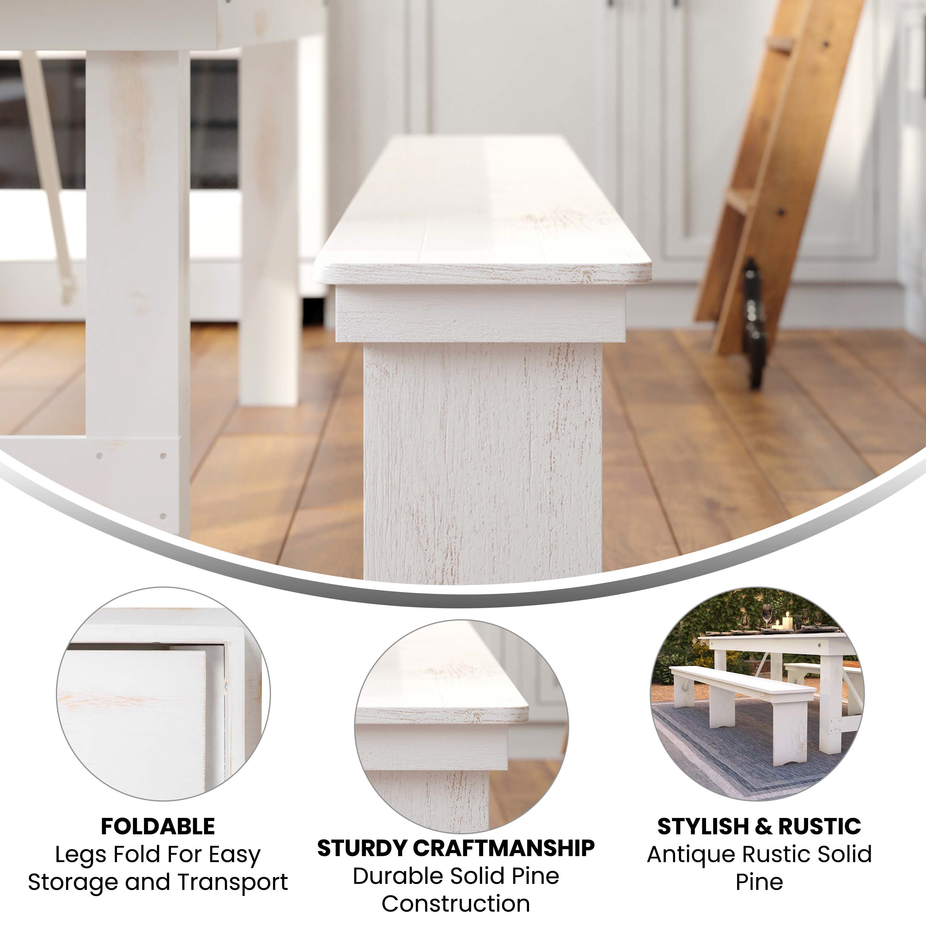 HERCULES Series 8' x 12" Antique Rustic Solid White Pine Folding Farm Bench with 3 Legs