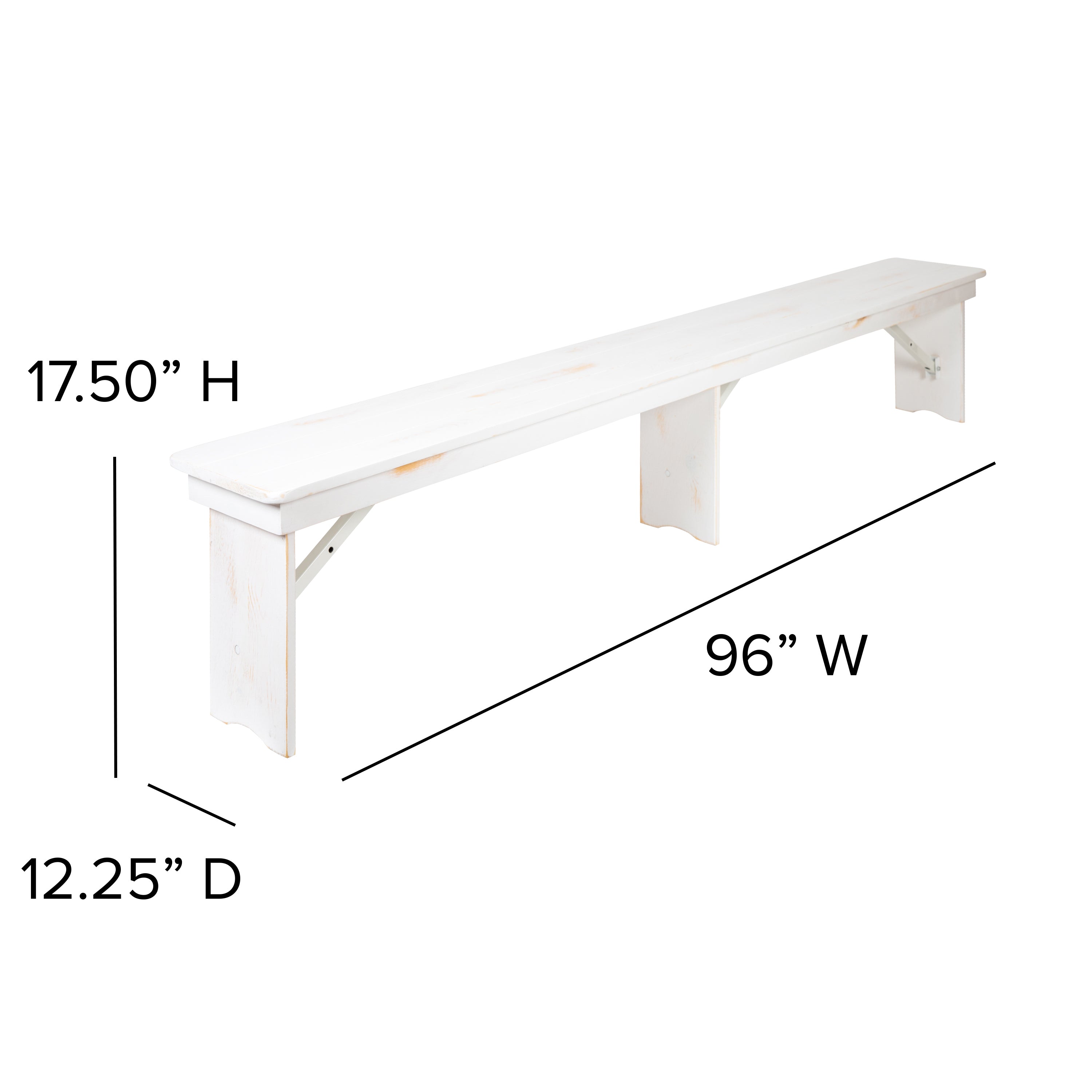 HERCULES Series 8' x 12" Antique Rustic Solid White Pine Folding Farm Bench with 3 Legs