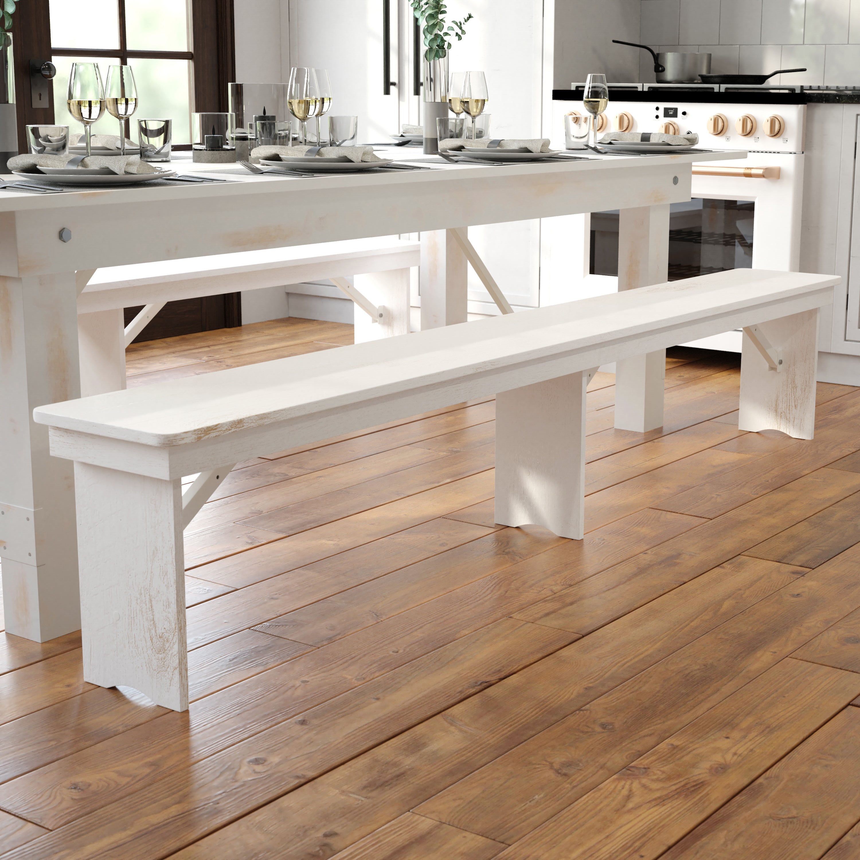 HERCULES Series 8' x 12" Antique Rustic Solid White Pine Folding Farm Bench with 3 Legs