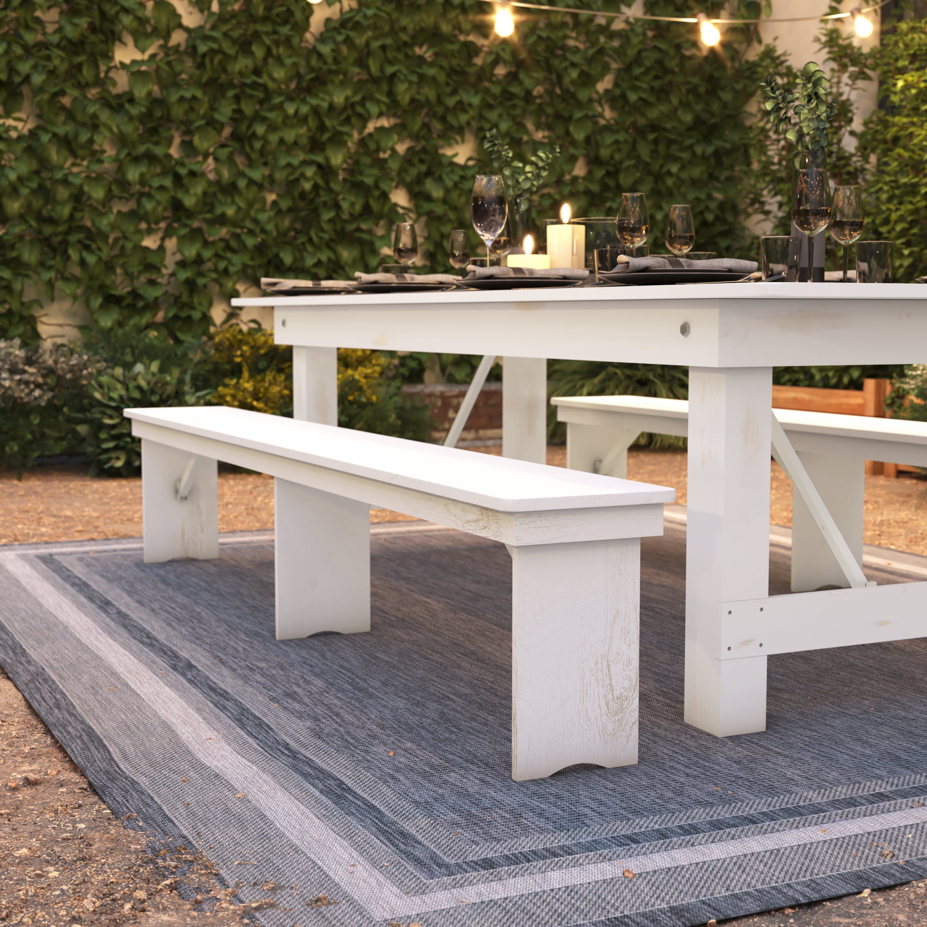 HERCULES Series 8' x 12" Antique Rustic Solid White Pine Folding Farm Bench with 3 Legs