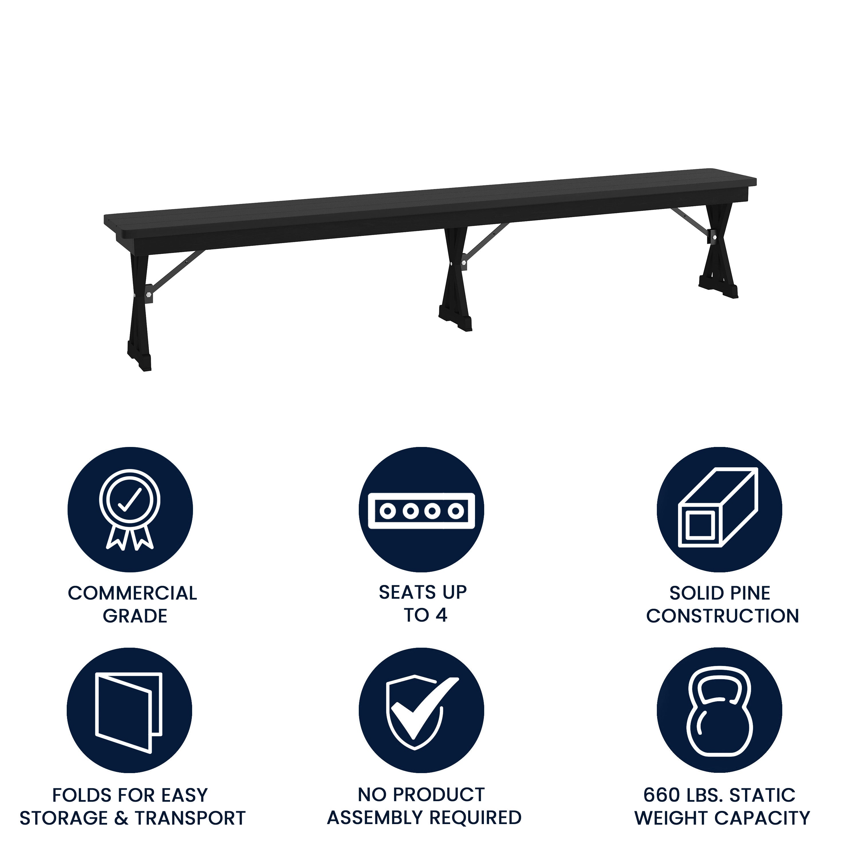 HERCULES 8' x 12'' Black Wash Commercial Antique Solid Pine Farmhouse Folding Bench with Foldable Locking X-Legs