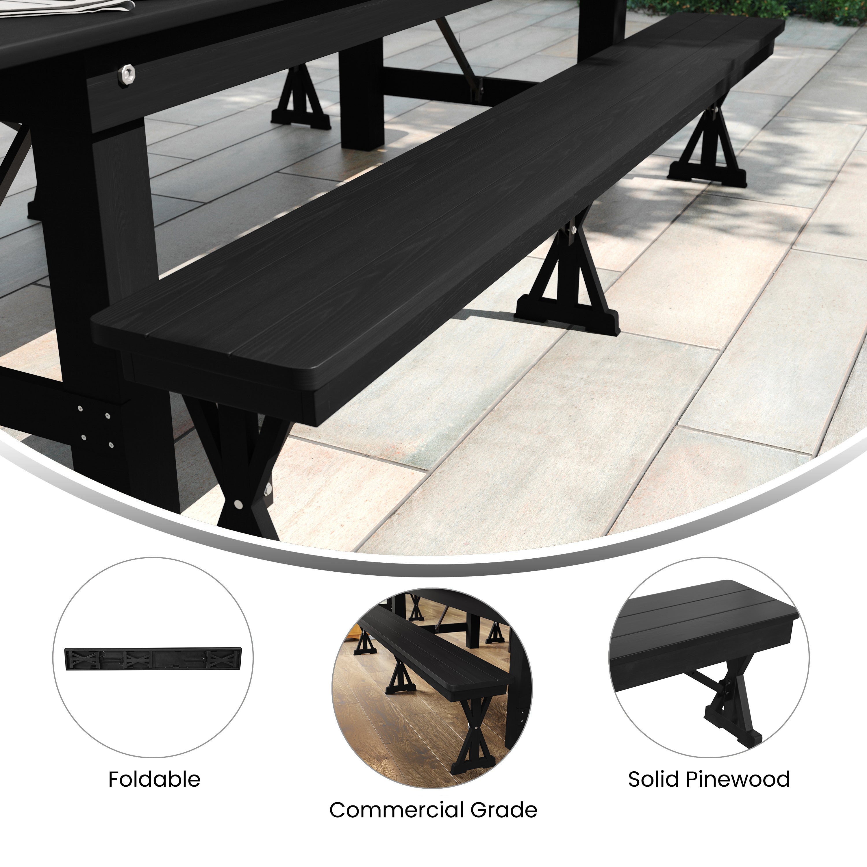 HERCULES 8' x 12'' Black Wash Commercial Antique Solid Pine Farmhouse Folding Bench with Foldable Locking X-Legs