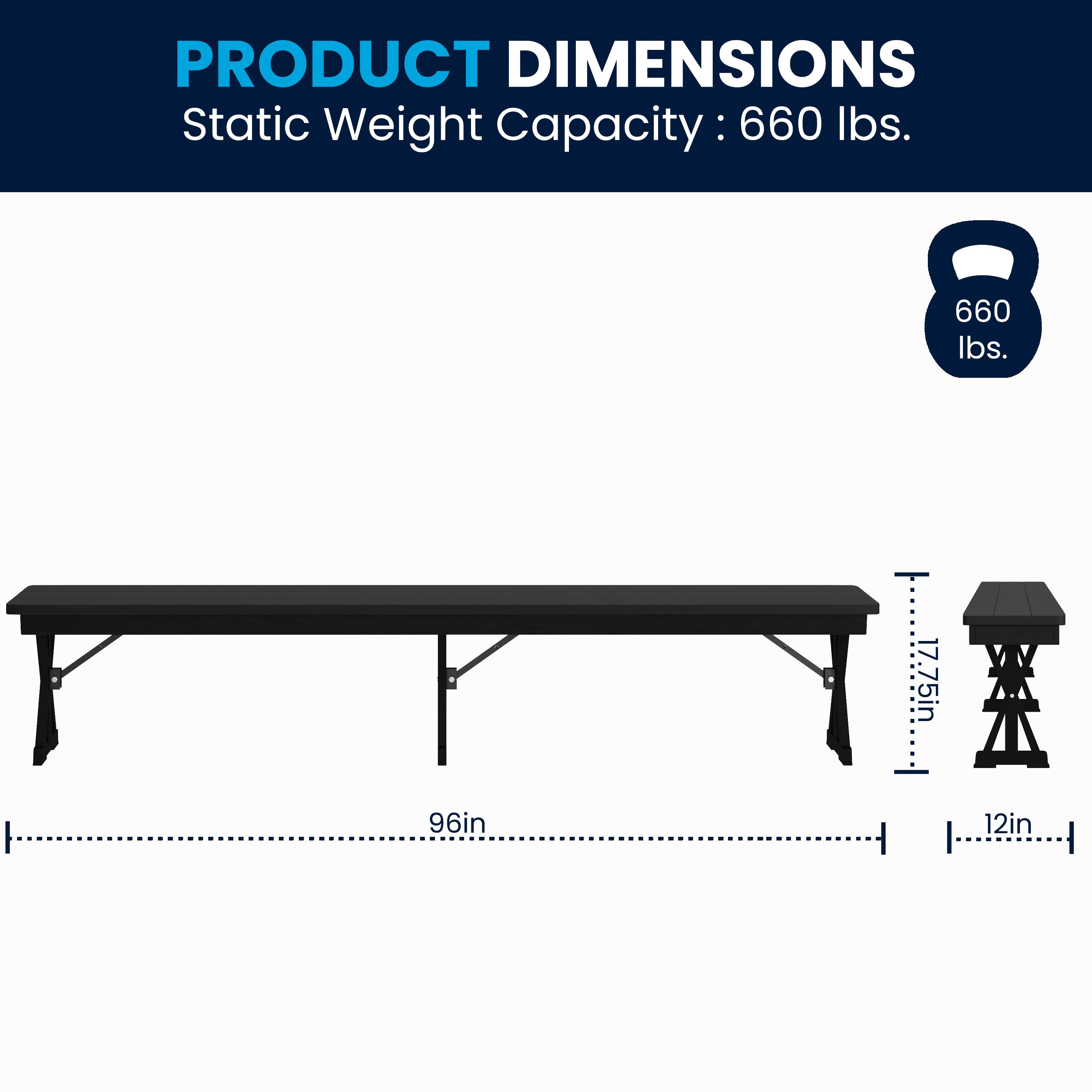 HERCULES 8' x 12'' Black Wash Commercial Antique Solid Pine Farmhouse Folding Bench with Foldable Locking X-Legs
