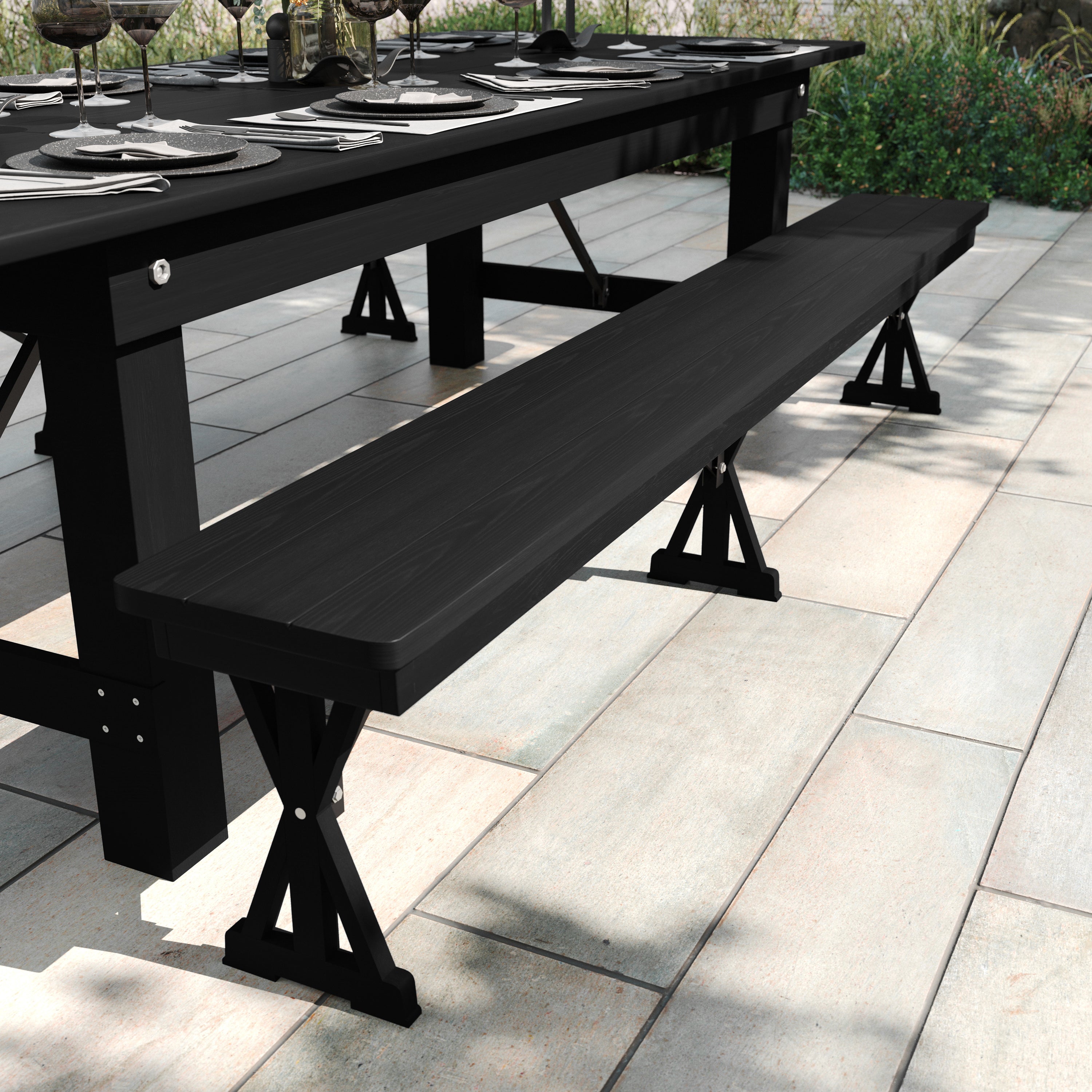 HERCULES 8' x 12'' Black Wash Commercial Antique Solid Pine Farmhouse Folding Bench with Foldable Locking X-Legs