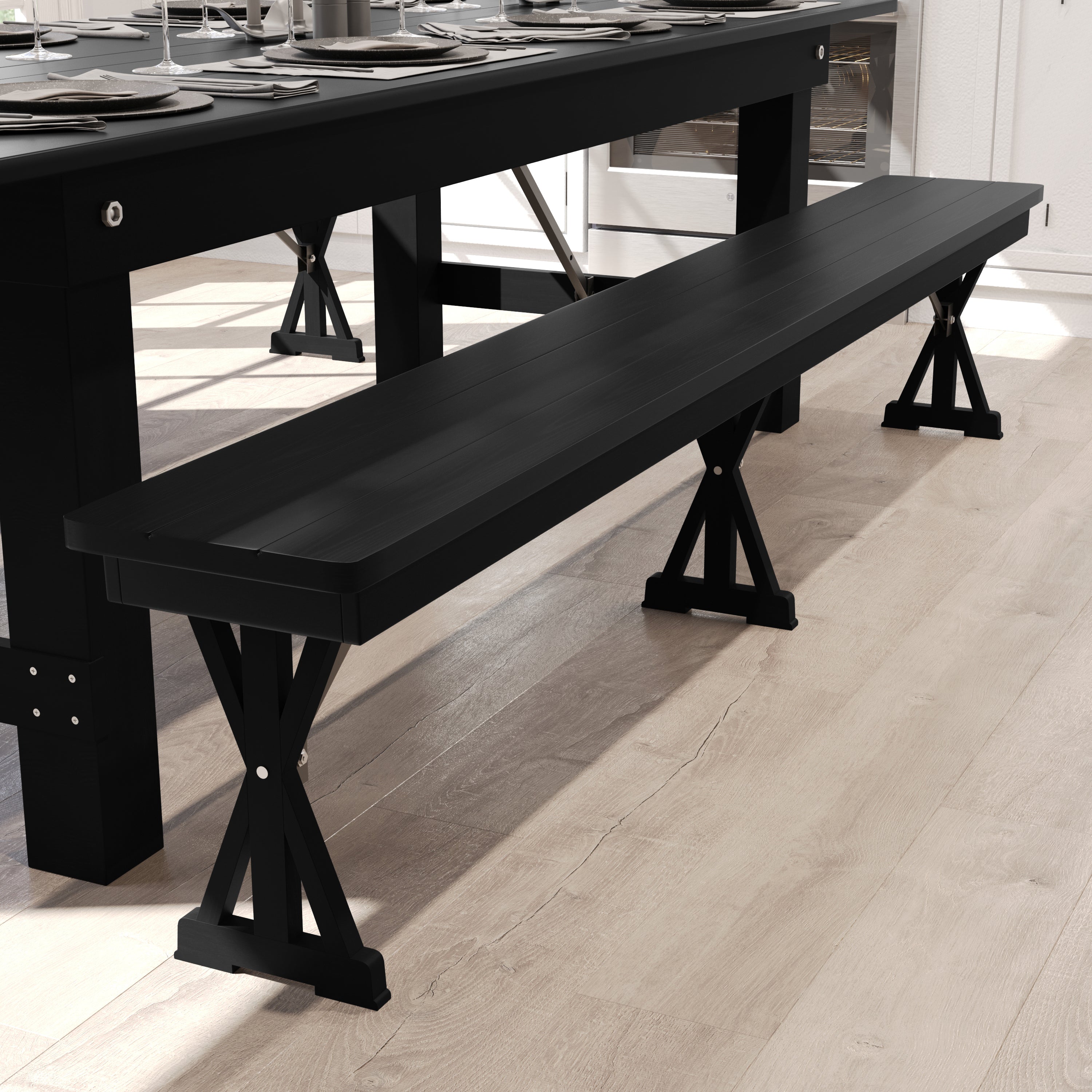 HERCULES 8' x 12'' Black Wash Commercial Antique Solid Pine Farmhouse Folding Bench with Foldable Locking X-Legs