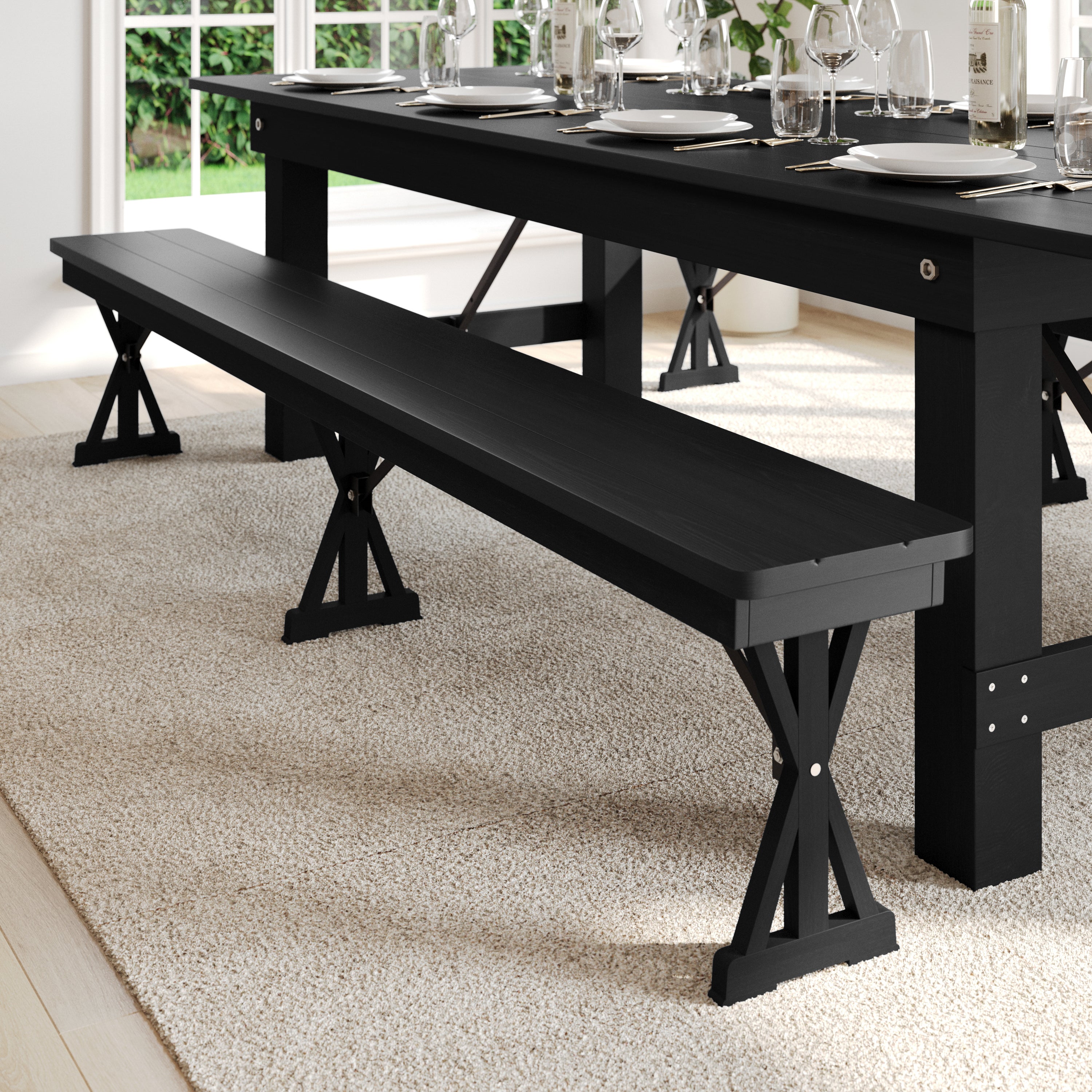 HERCULES 8' x 12'' Black Wash Commercial Antique Solid Pine Farmhouse Folding Bench with Foldable Locking X-Legs