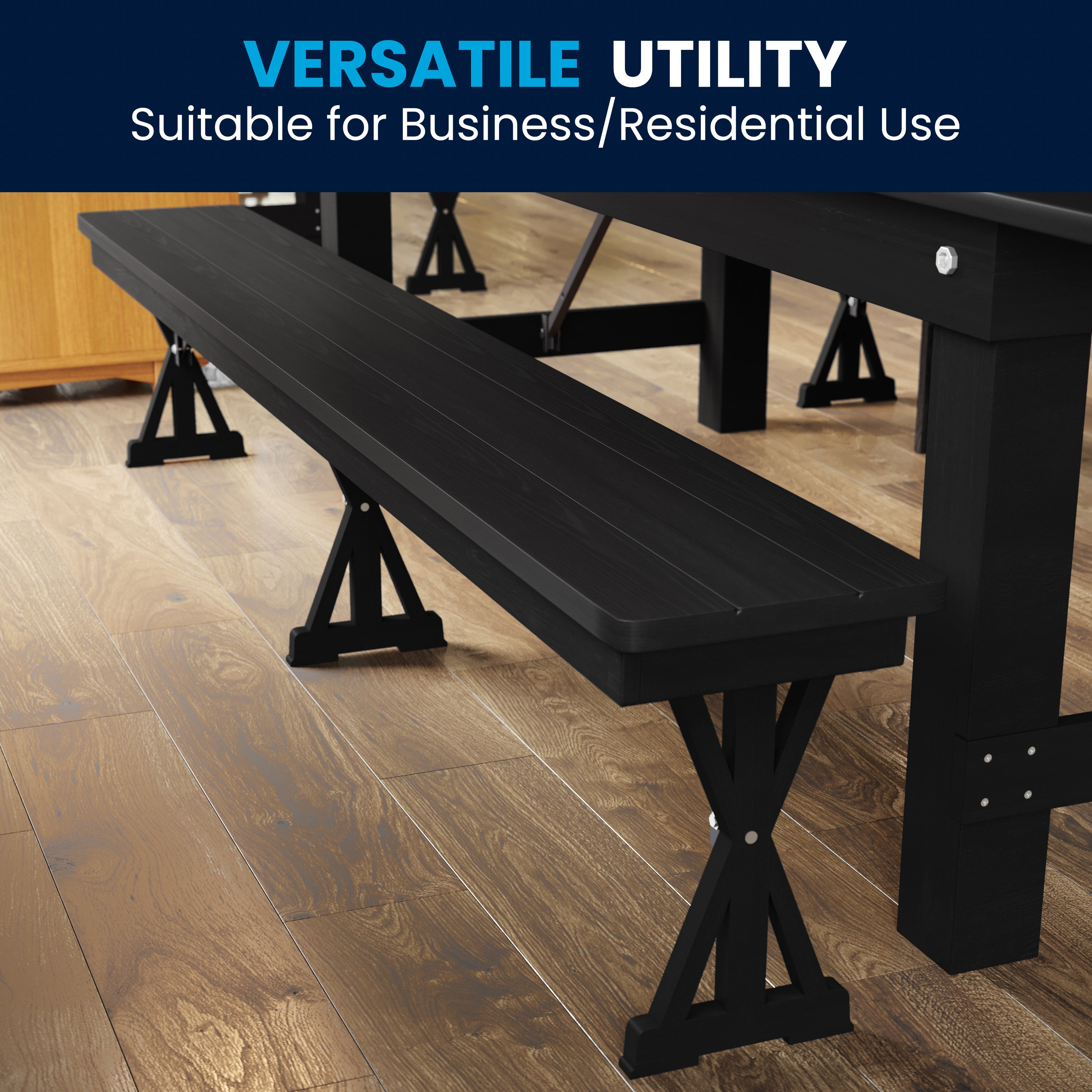 HERCULES 8' x 12'' Black Wash Commercial Antique Solid Pine Farmhouse Folding Bench with Foldable Locking X-Legs