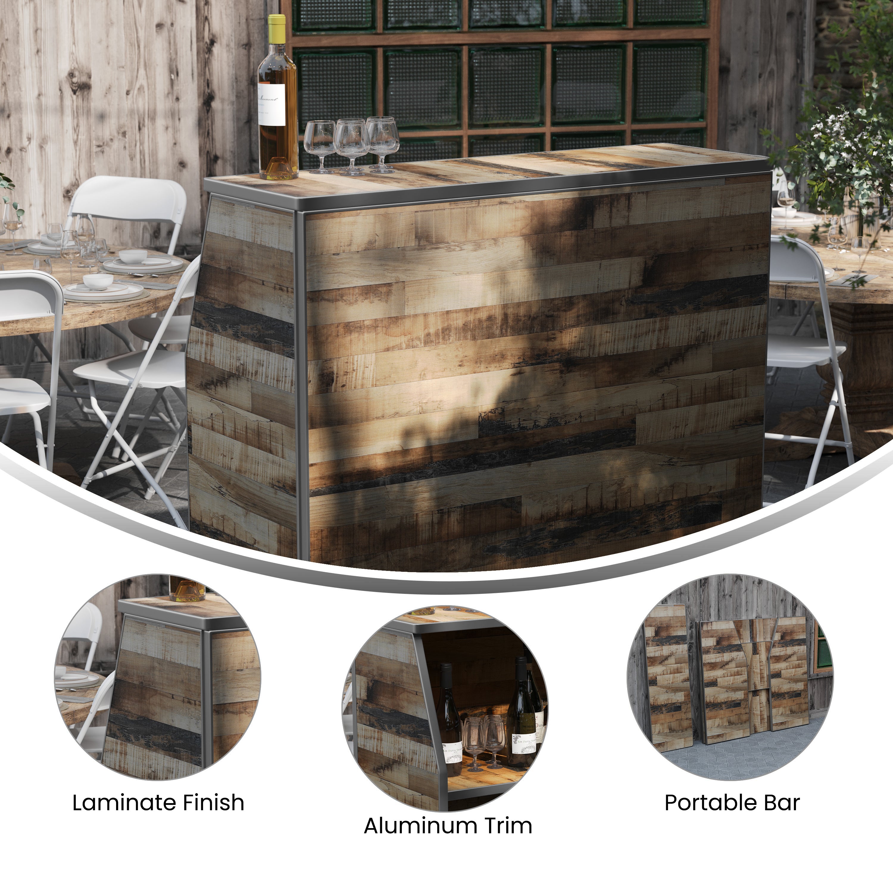 Amara 4' Rustic Natural Wood Plank Laminate Foldable Bar - Portable Event Bar